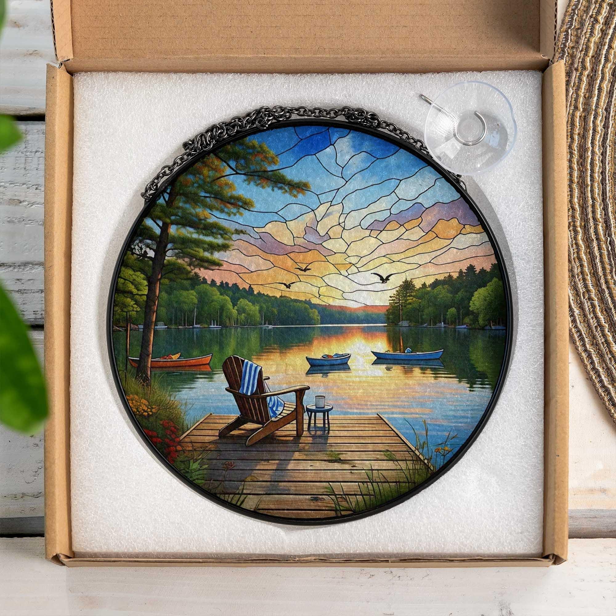 Lake Dock Sunset Glass Suncatcher – Peaceful Adirondack Chair & Canoe Scene, Cabin Window Hanging, Nature Lover’s Gift