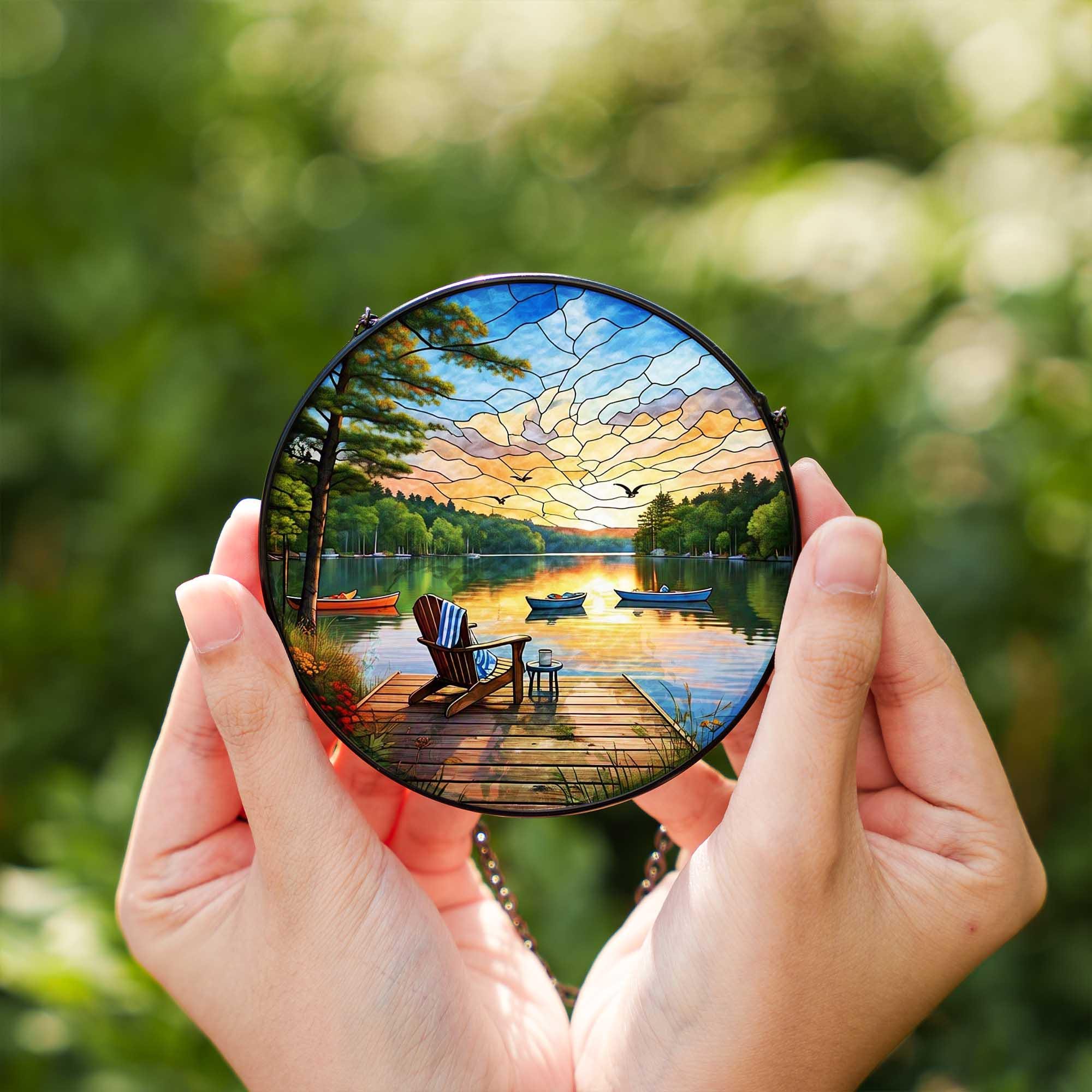 Lake Dock Sunset Glass Suncatcher – Peaceful Adirondack Chair & Canoe Scene, Cabin Window Hanging, Nature Lover’s Gift