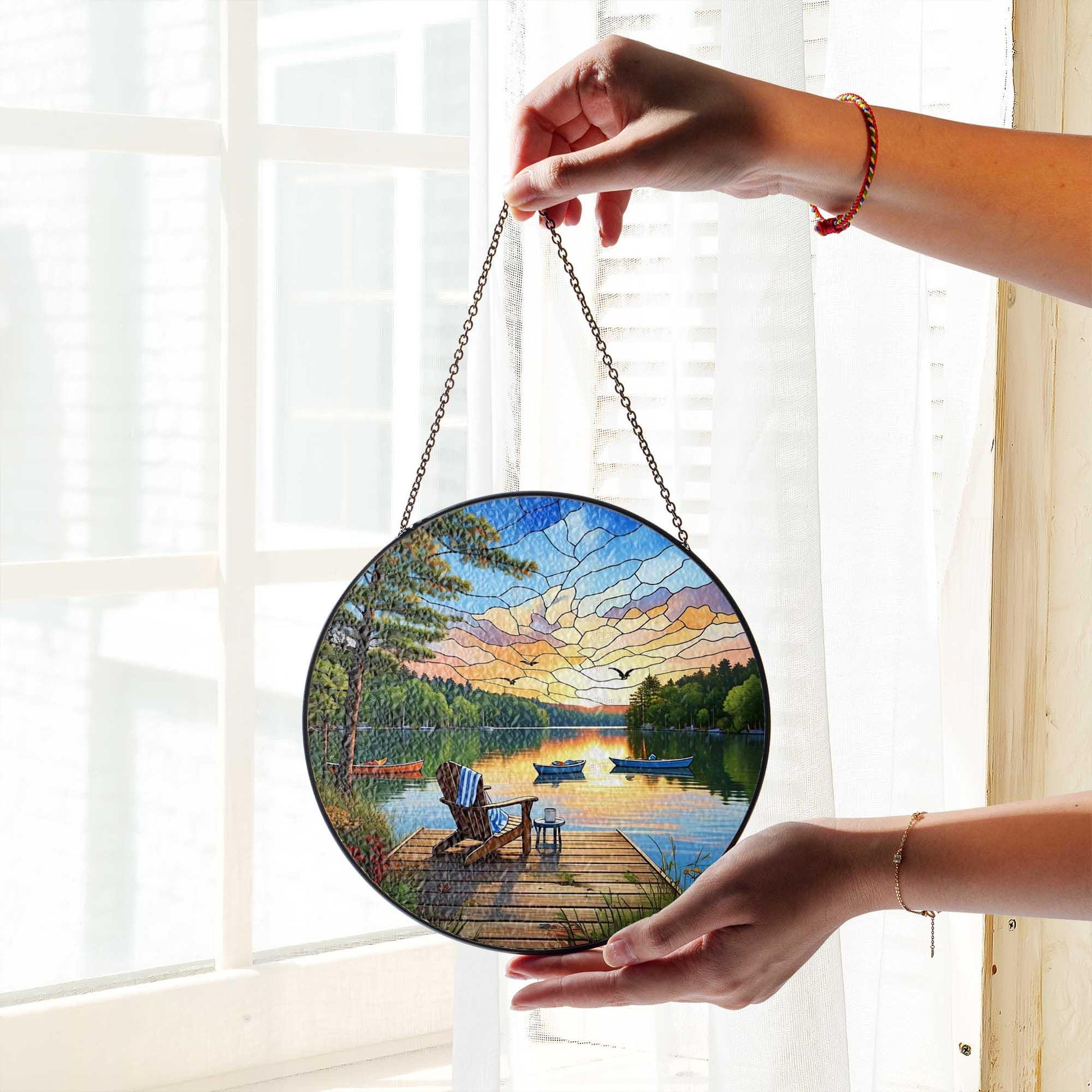 Lake Dock Sunset Glass Suncatcher – Peaceful Adirondack Chair & Canoe Scene, Cabin Window Hanging, Nature Lover’s Gift