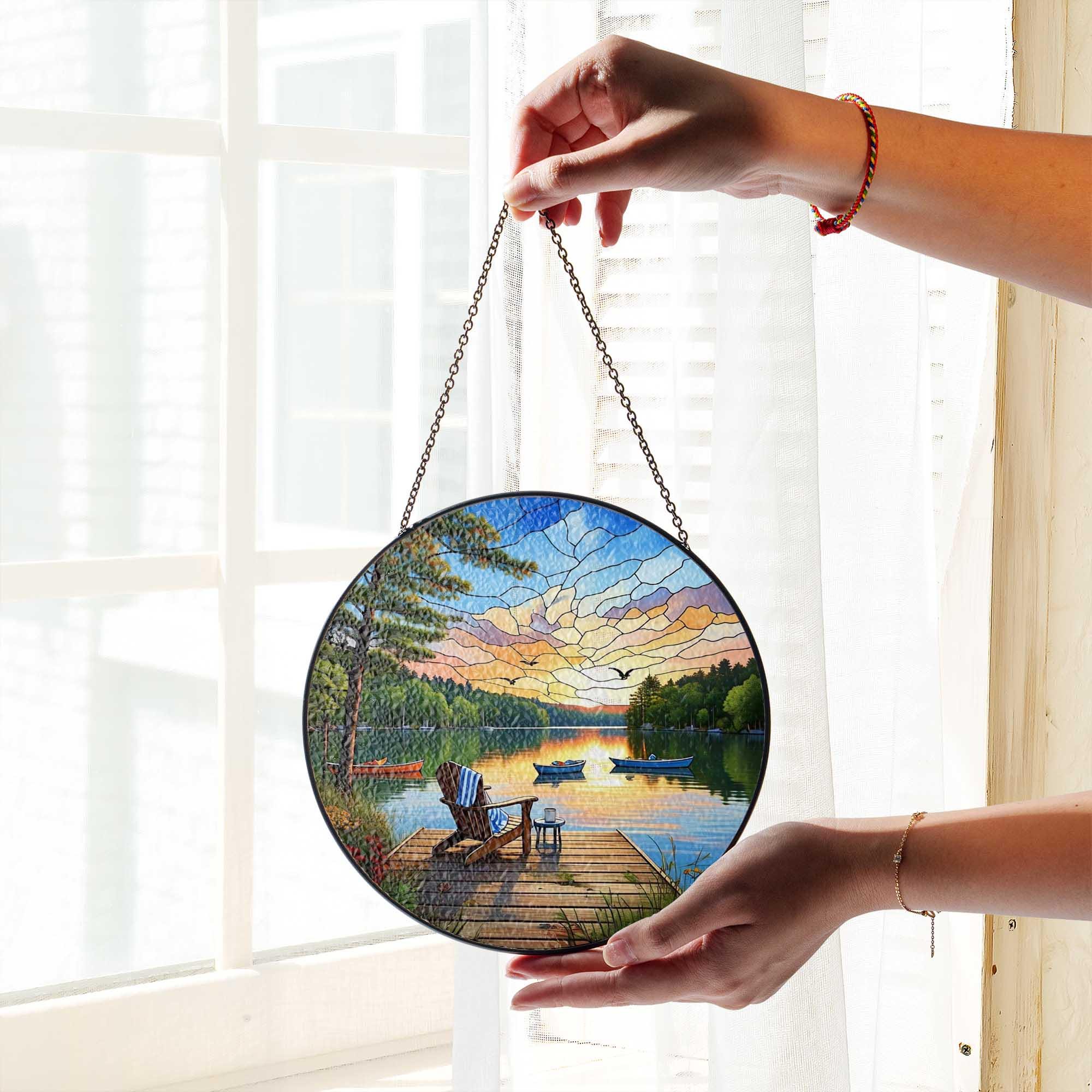 Lake Dock Sunset Glass Suncatcher – Peaceful Adirondack Chair & Canoe Scene, Cabin Window Hanging, Nature Lover’s Gift