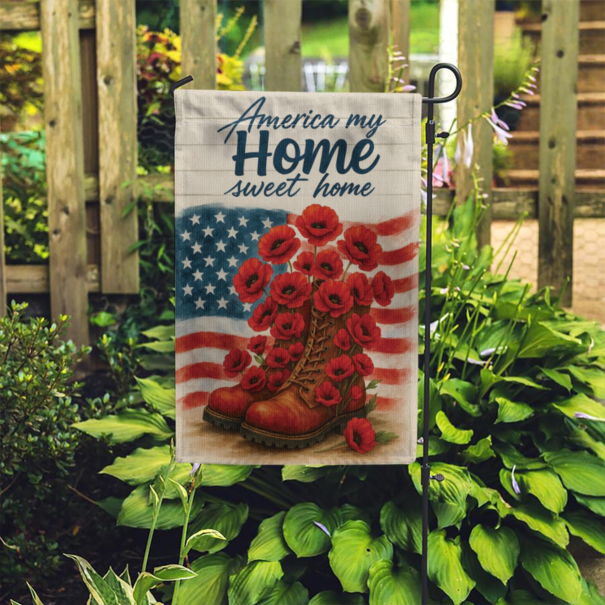 Patriotic Garden Flag – America My Home Sweet Home with Boots and Poppies, 4th of July Outdoor Decor, Memorial Day Yard Decoration