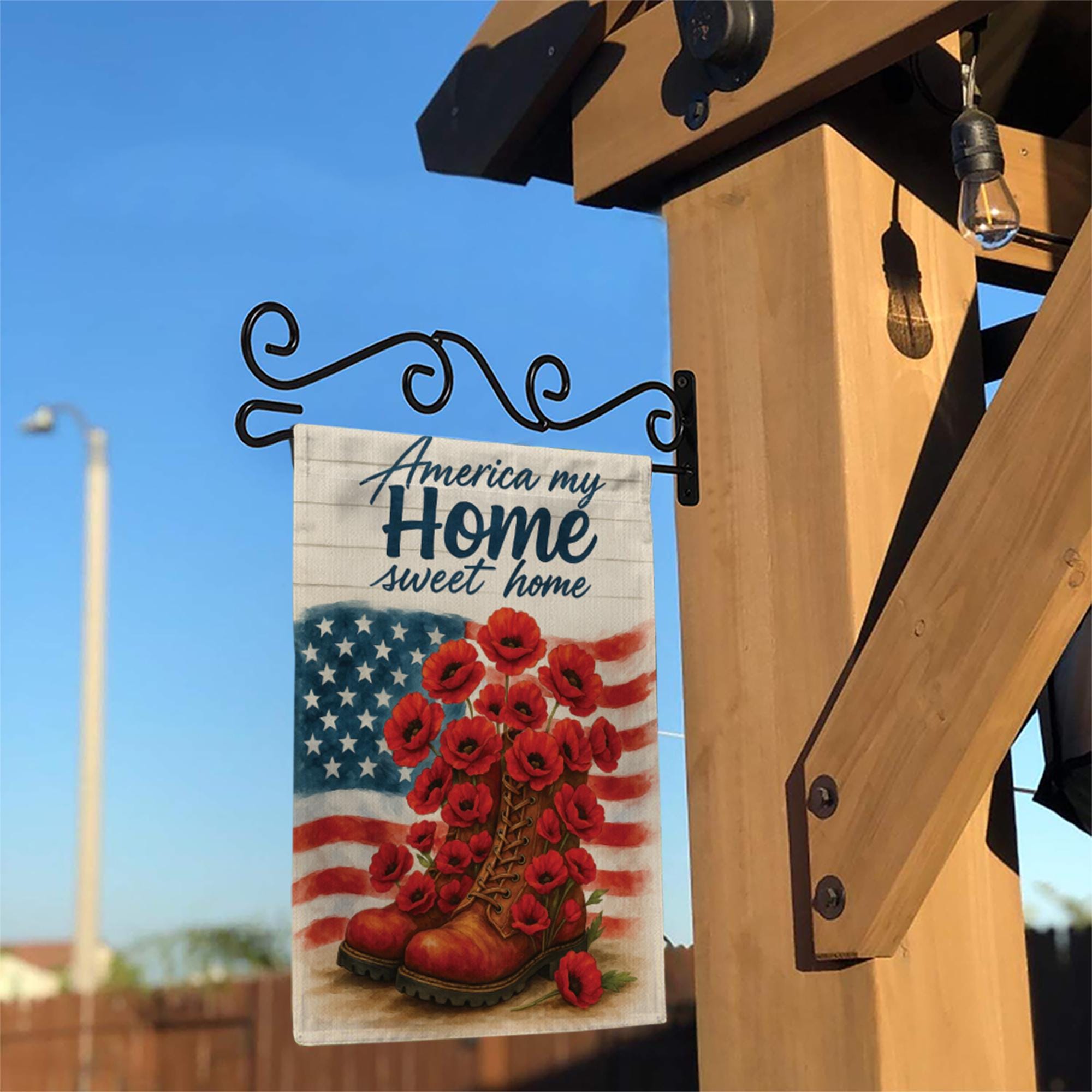 Patriotic Garden Flag – America My Home Sweet Home with Boots and Poppies, 4th of July Outdoor Decor, Memorial Day Yard Decoration