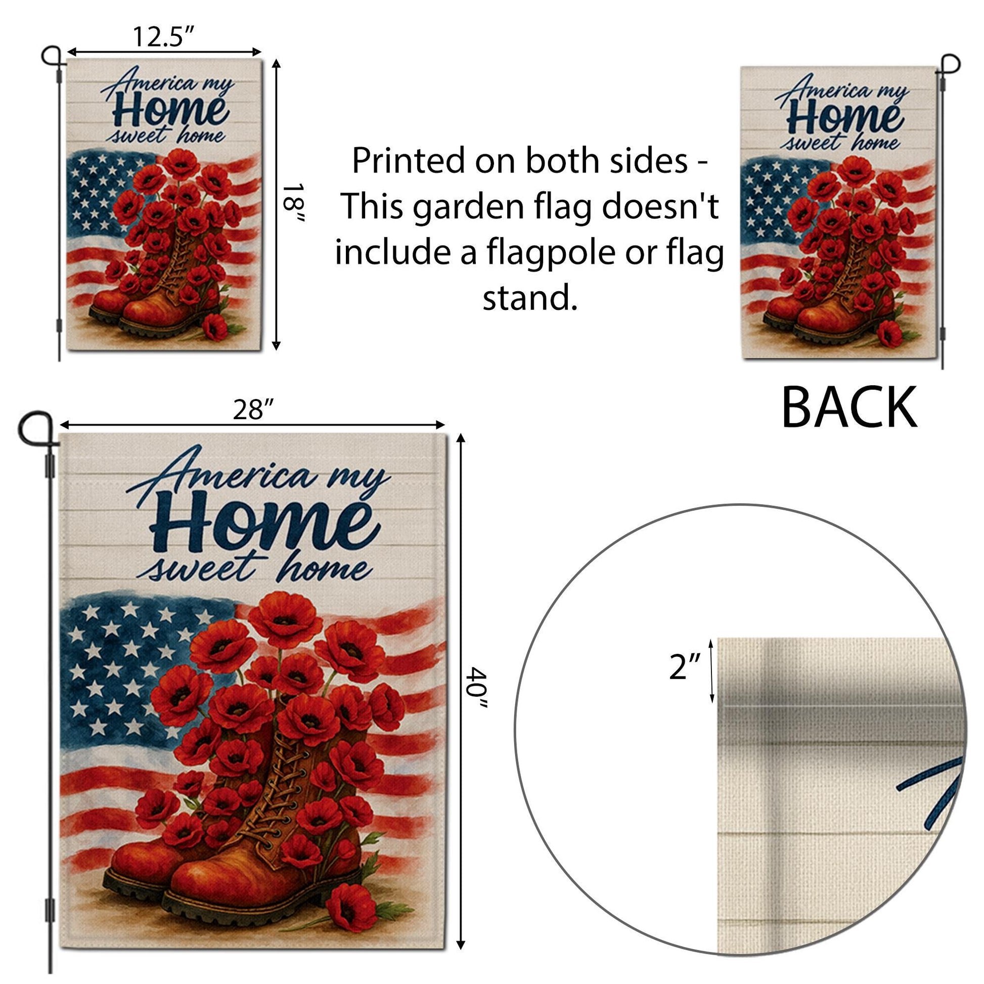 Patriotic Garden Flag – America My Home Sweet Home with Boots and Poppies, 4th of July Outdoor Decor, Memorial Day Yard Decoration
