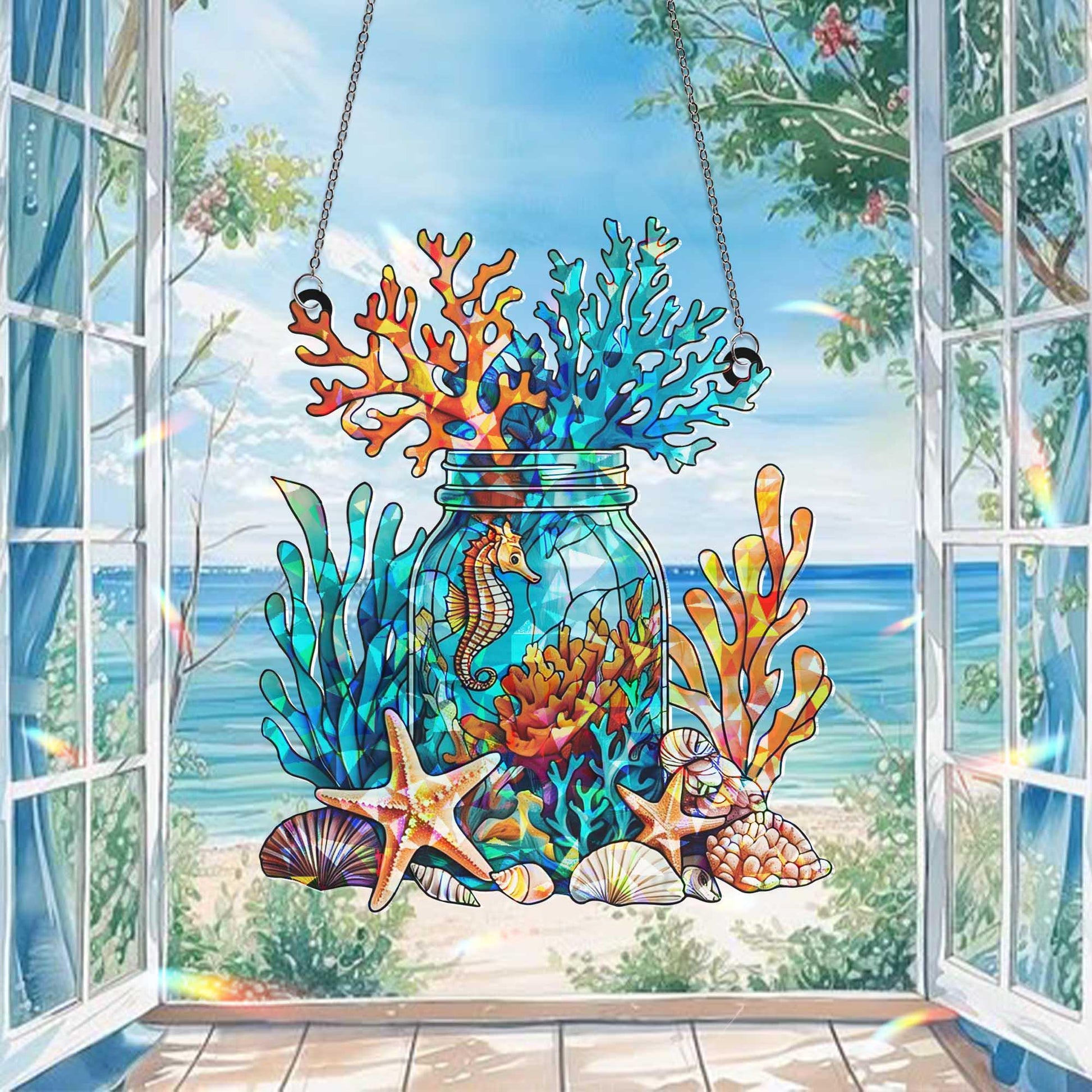Nautical Window Hanging – Coastal Lantern Art with Seashell, Starfish & Crab, Beach House Ocean Decor, Marine Style Suncatcher Gift