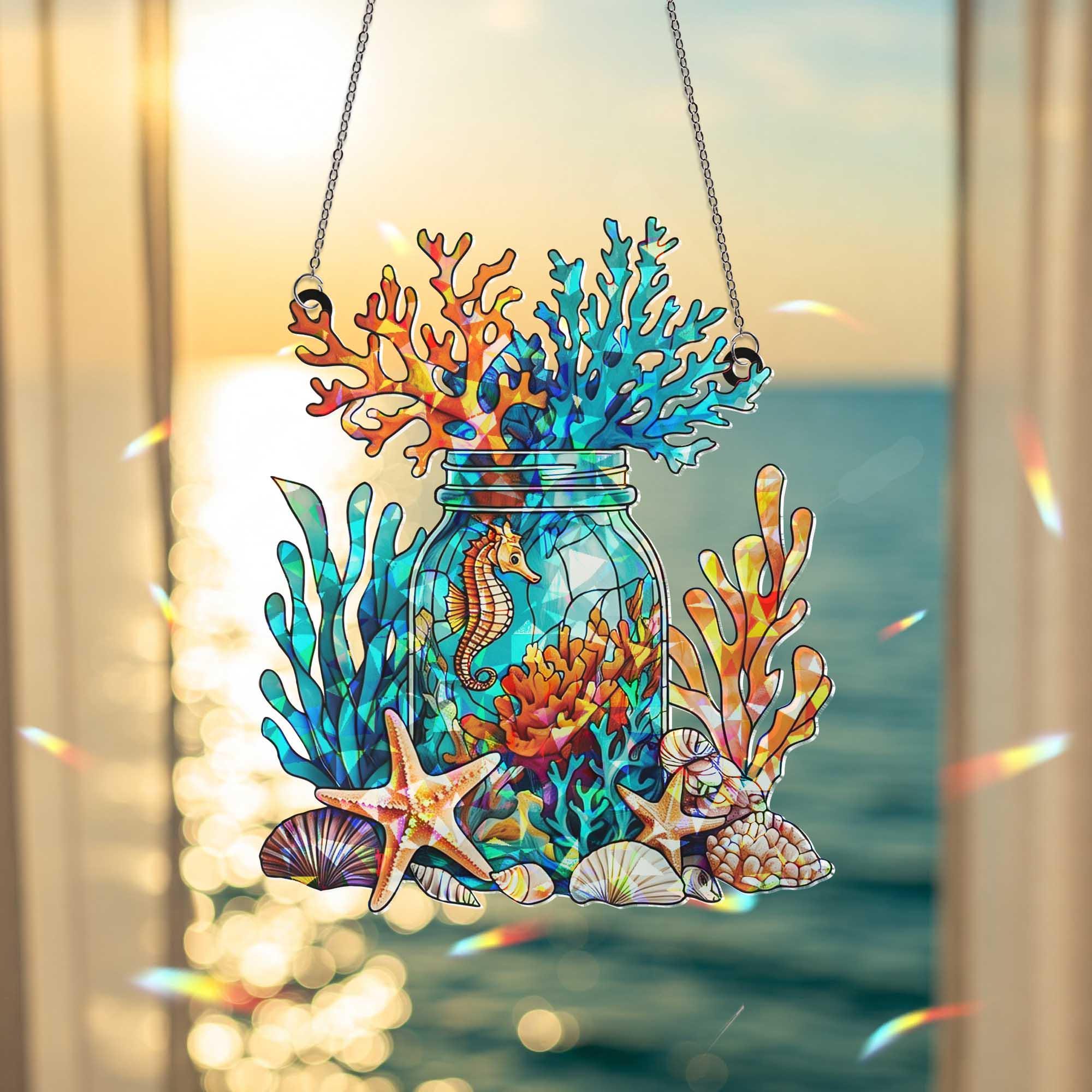 Nautical Window Hanging – Coastal Lantern Art with Seashell, Starfish & Crab, Beach House Ocean Decor, Marine Style Suncatcher Gift
