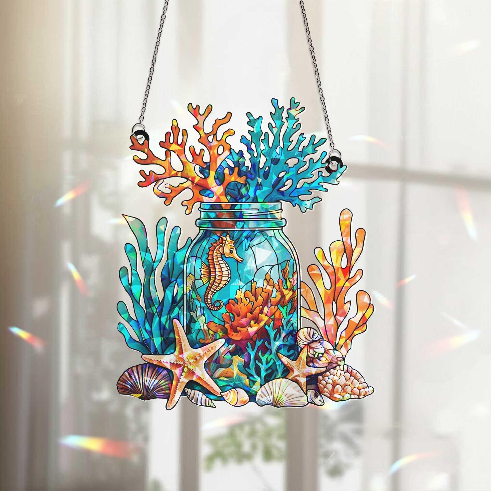 Nautical Window Hanging – Coastal Lantern Art with Seashell, Starfish & Crab, Beach House Ocean Decor, Marine Style Suncatcher Gift