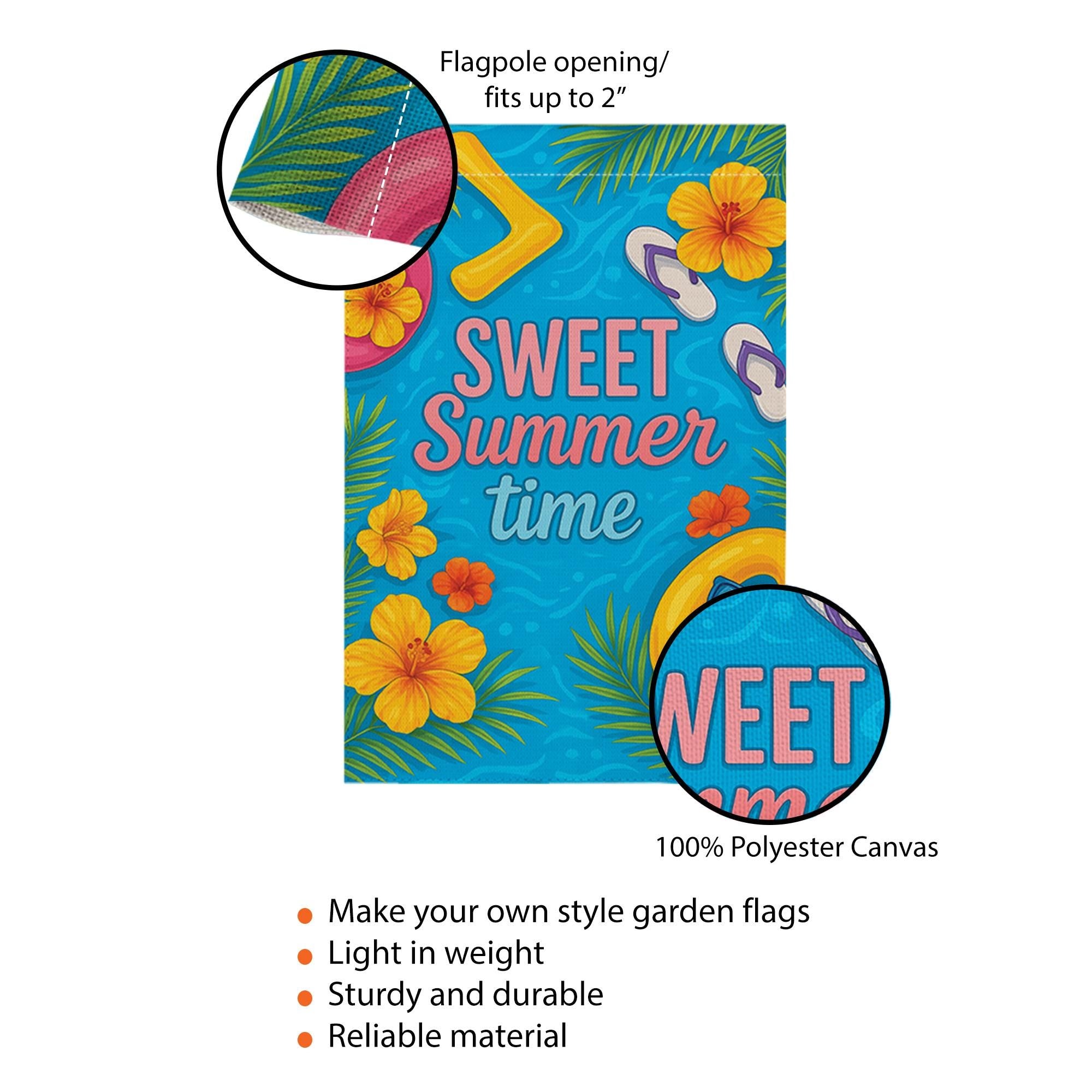 Sweet Summertime Garden Flag - Colorful Summer Yard Decor with Flowers, Pool Float & Flip Flops - Outdoor Seasonal House Flag