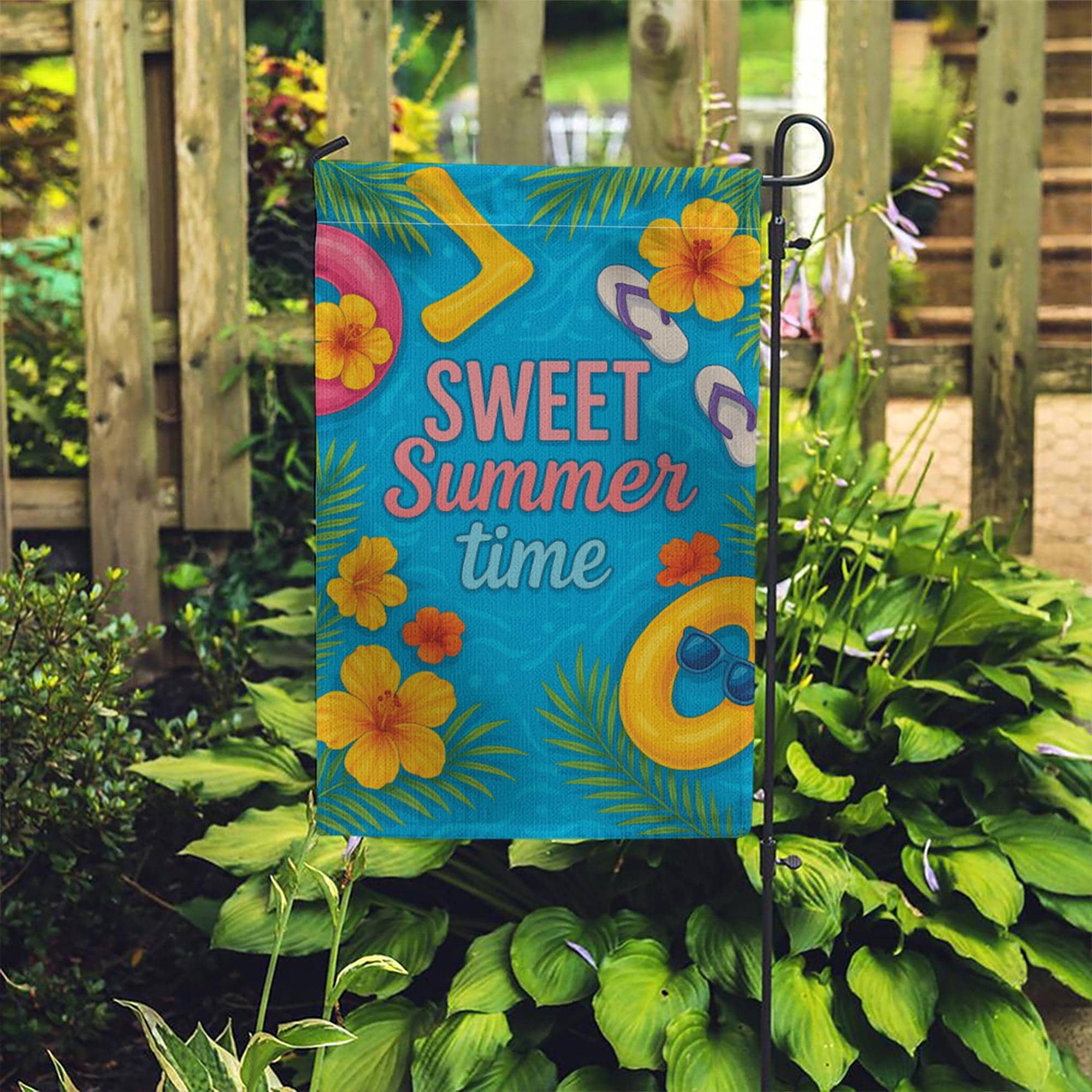 Sweet Summertime Garden Flag - Colorful Summer Yard Decor with Flowers, Pool Float & Flip Flops - Outdoor Seasonal House Flag