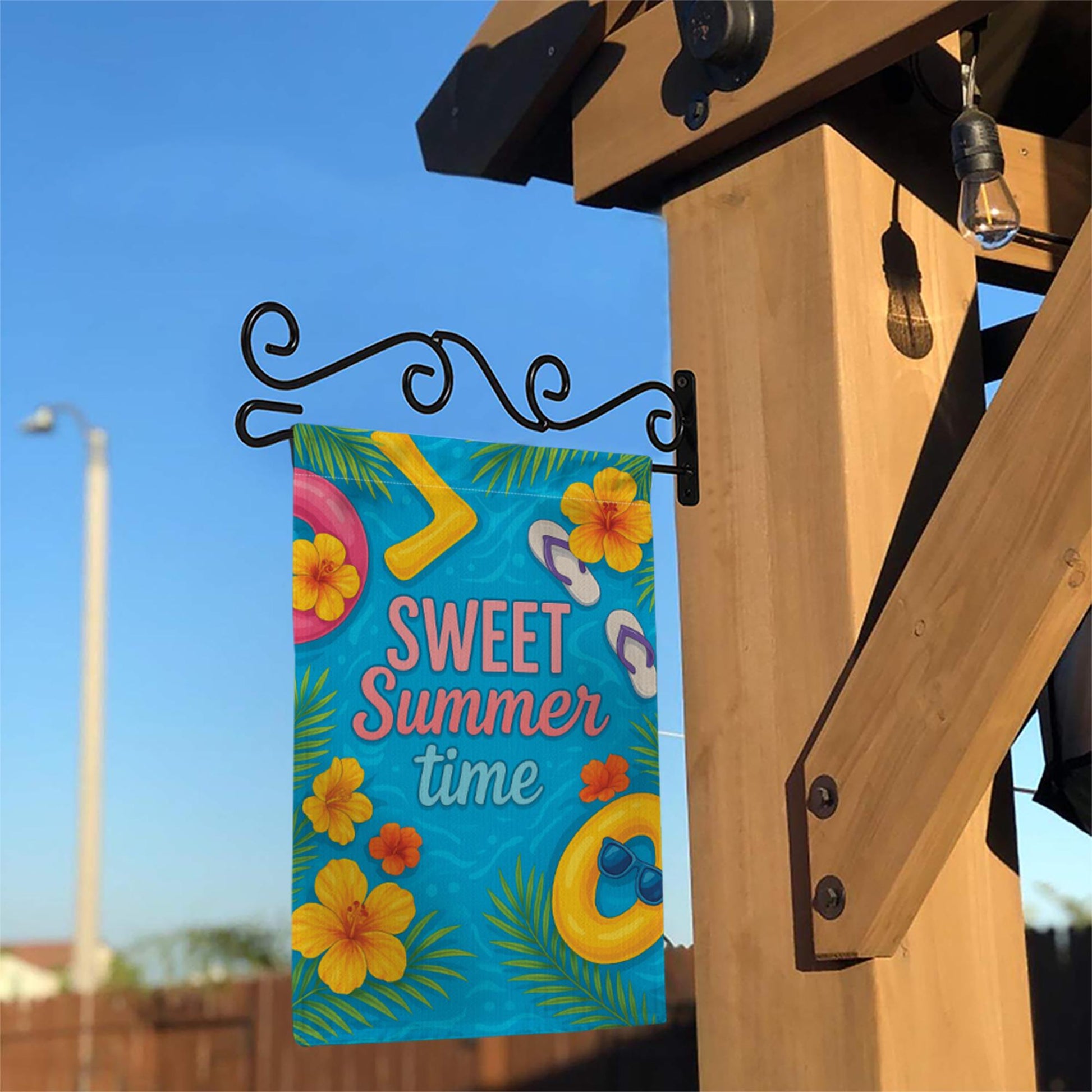 Sweet Summertime Garden Flag - Colorful Summer Yard Decor with Flowers, Pool Float & Flip Flops - Outdoor Seasonal House Flag