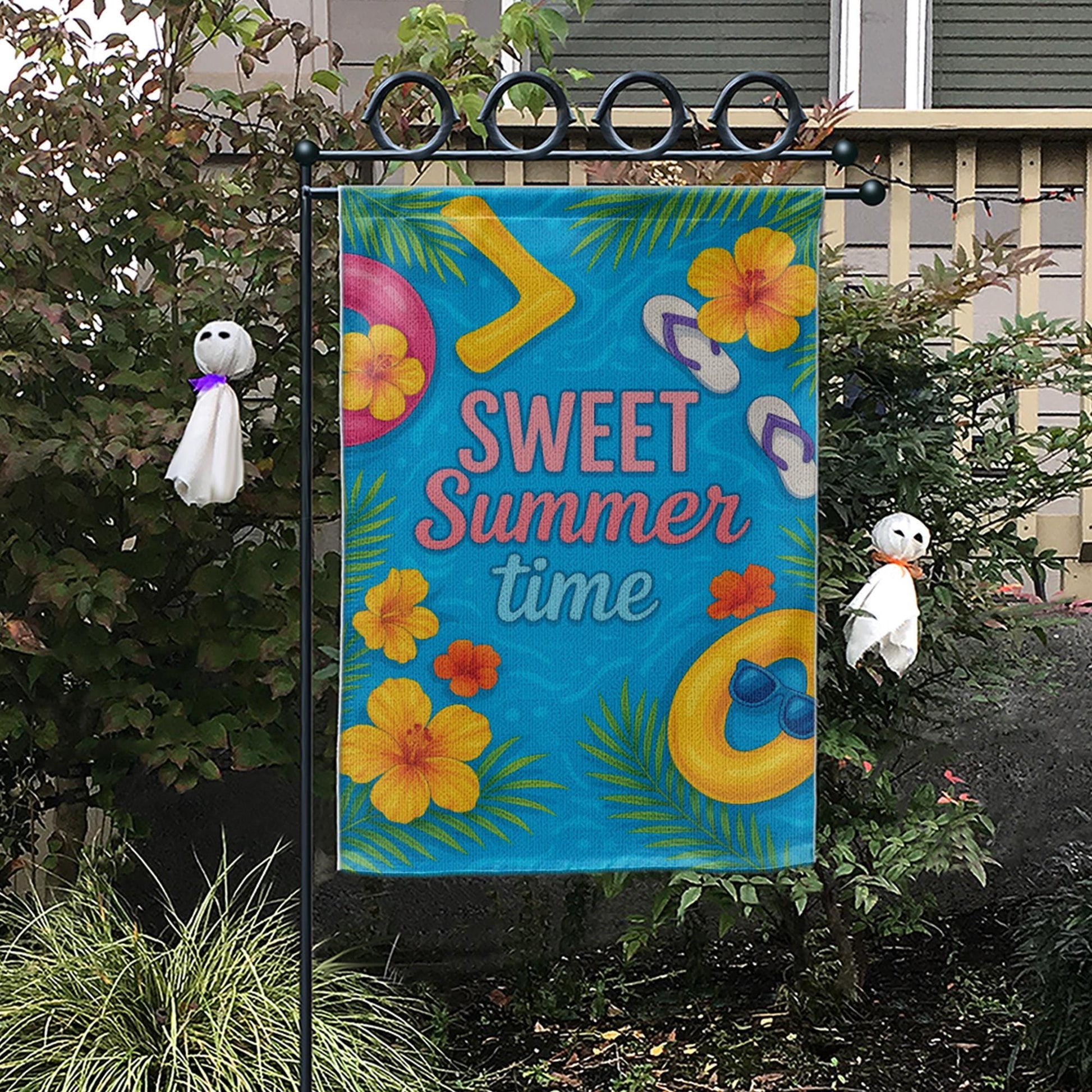 Sweet Summertime Garden Flag - Colorful Summer Yard Decor with Flowers, Pool Float & Flip Flops - Outdoor Seasonal House Flag