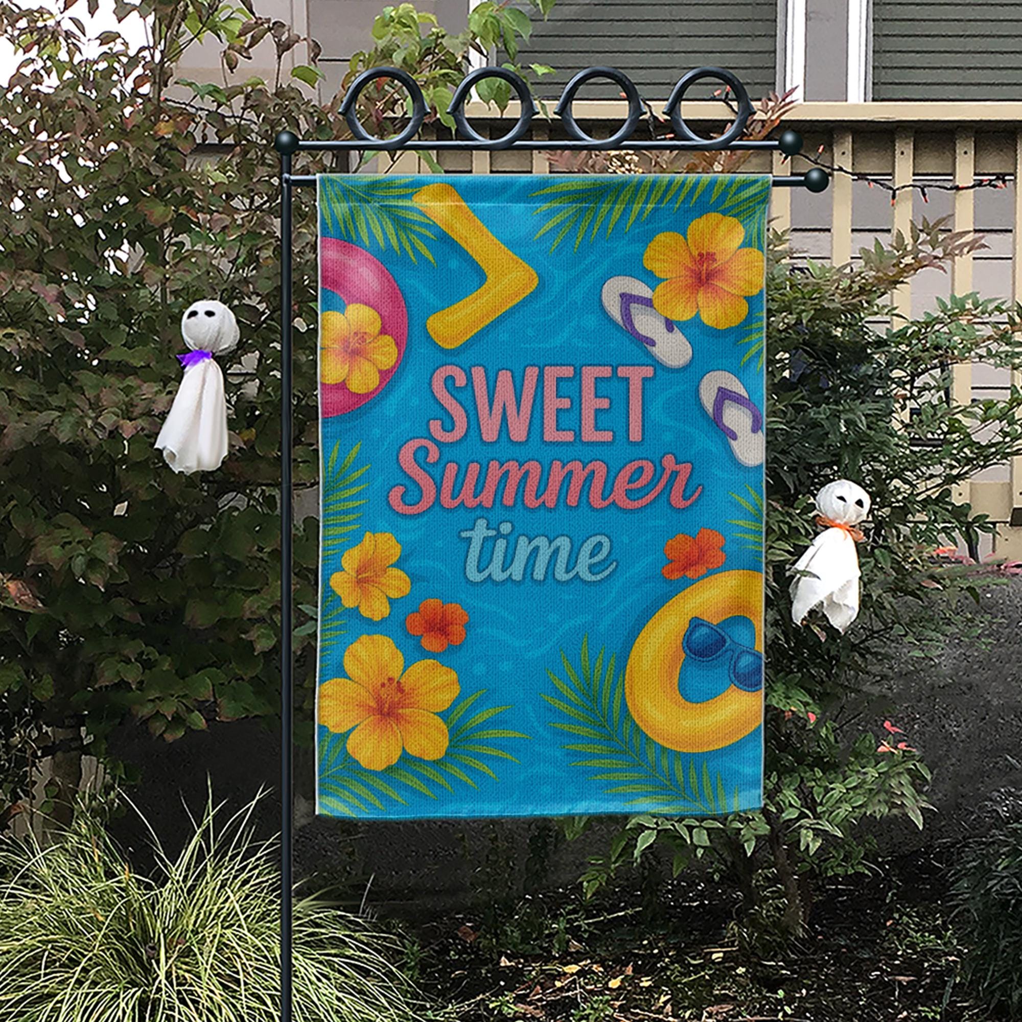 Sweet Summertime Garden Flag - Colorful Summer Yard Decor with Flowers, Pool Float & Flip Flops - Outdoor Seasonal House Flag
