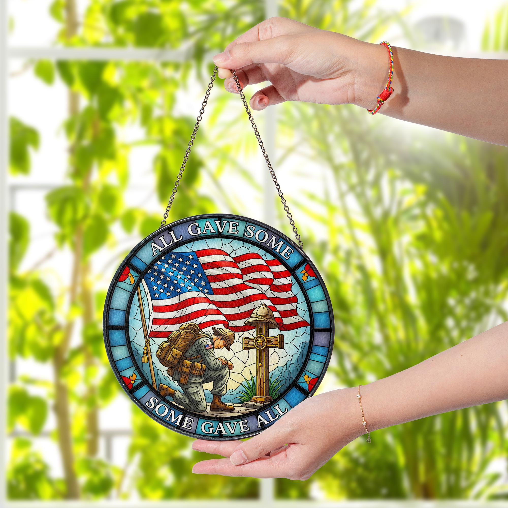 Patriotic Glass Suncatcher, Kneeling Soldier American Flag Memorial Day Ornament Decor, All Gave Some Some Gave All, Military Remembrance