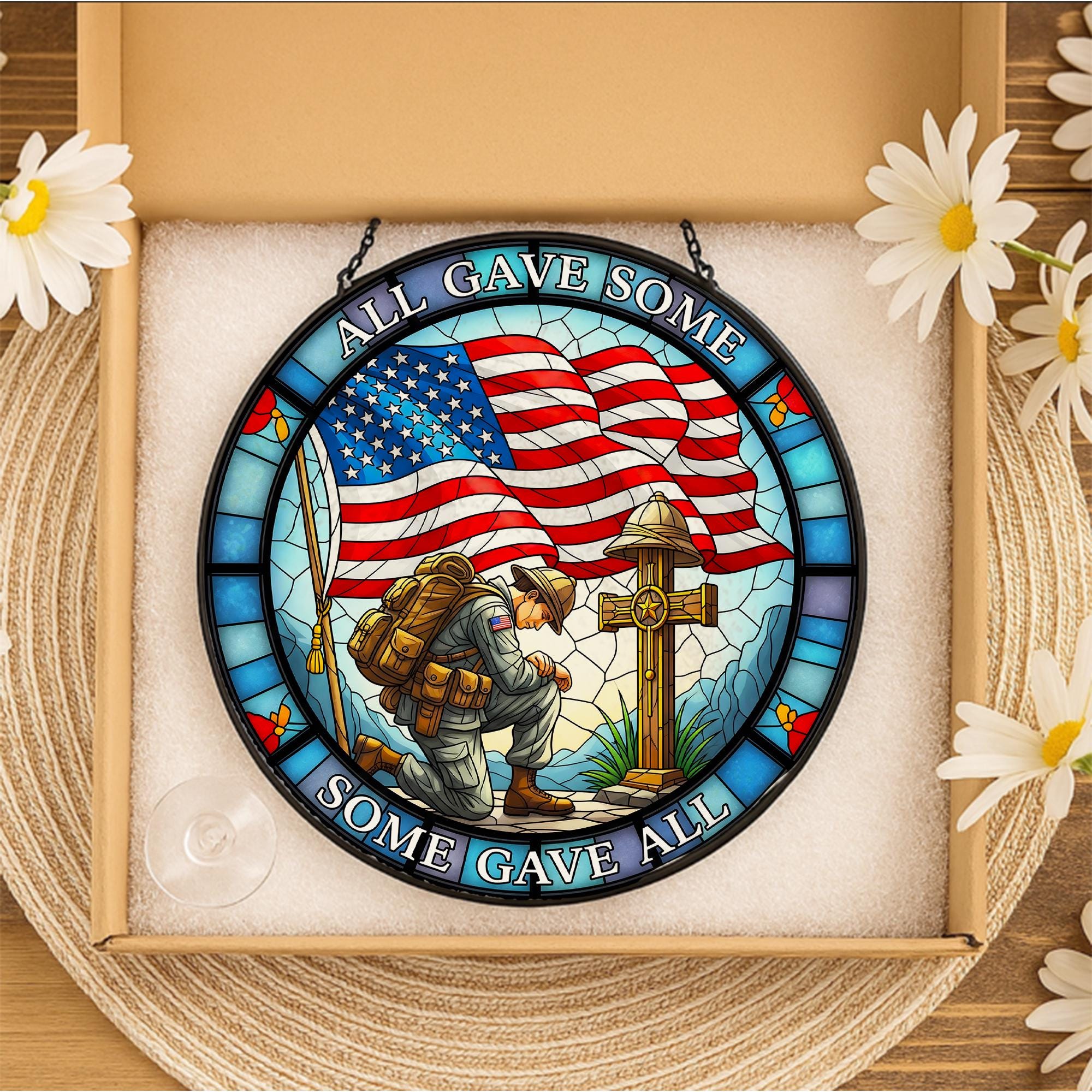 Patriotic Glass Suncatcher, Kneeling Soldier American Flag Memorial Day Ornament Decor, All Gave Some Some Gave All, Military Remembrance