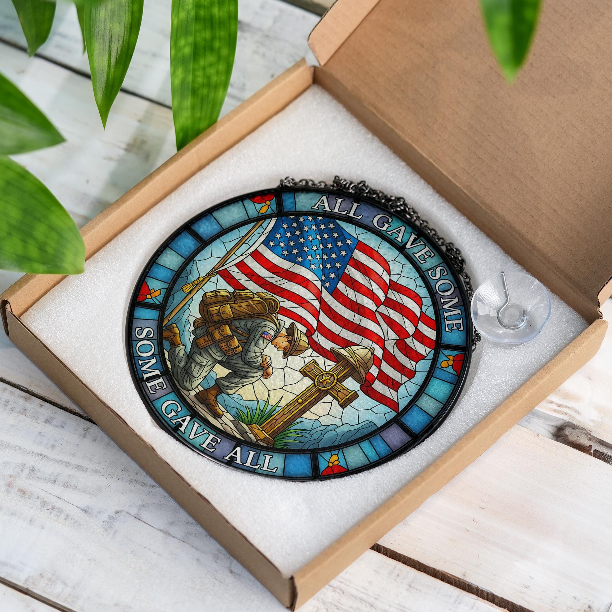 Patriotic Glass Suncatcher, Kneeling Soldier American Flag Memorial Day Ornament Decor, All Gave Some Some Gave All, Military Remembrance