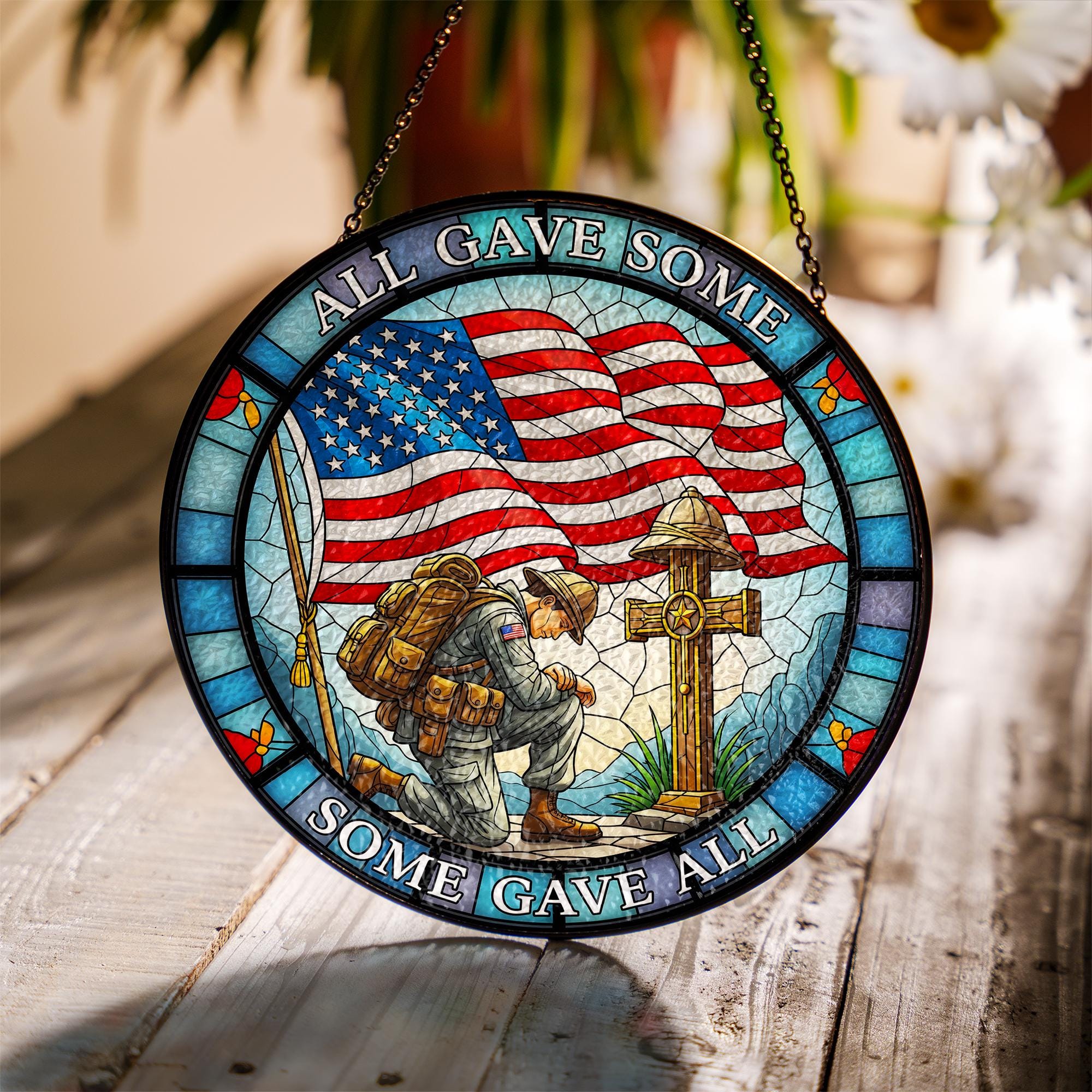 Patriotic Glass Suncatcher, Kneeling Soldier American Flag Memorial Day Ornament Decor, All Gave Some Some Gave All, Military Remembrance