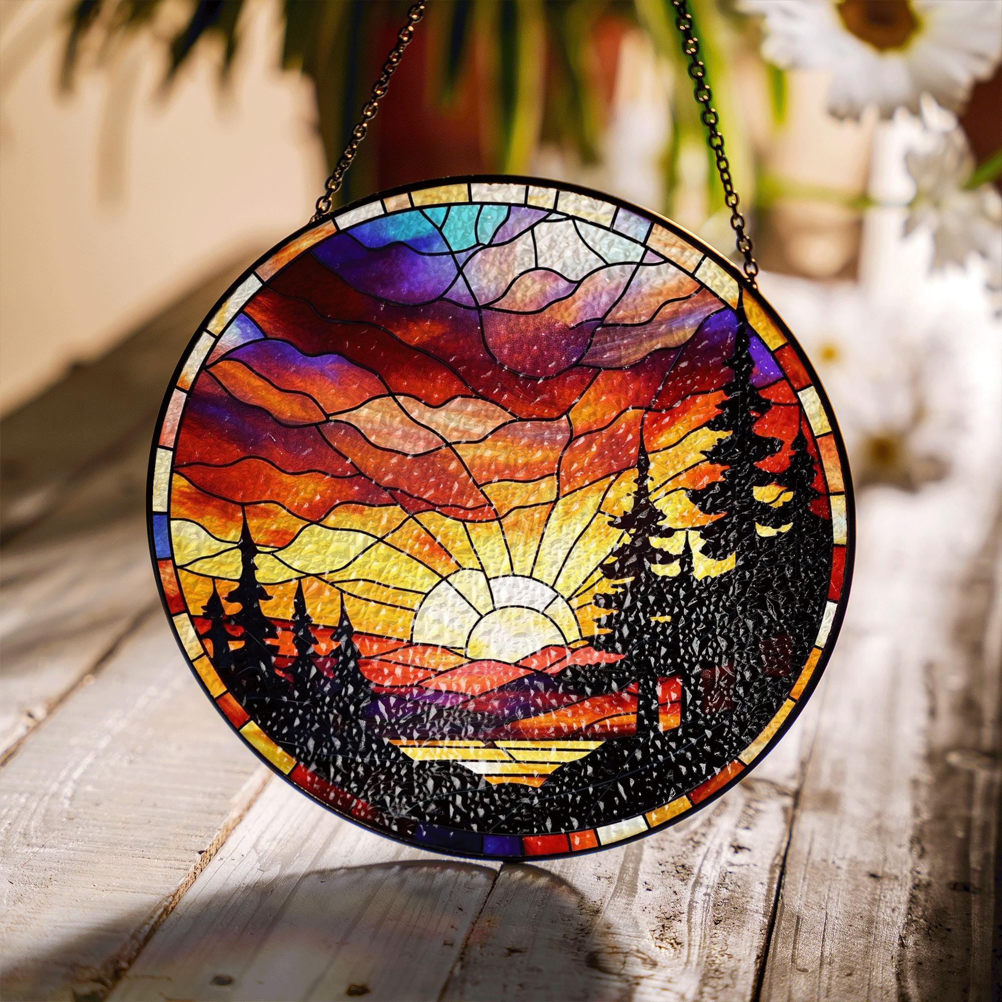 Forest Sunset Glass Suncatcher – Nature Tree Silhouette Window Hanging, Vibrant Mountain Landscape Sun Catcher Gift