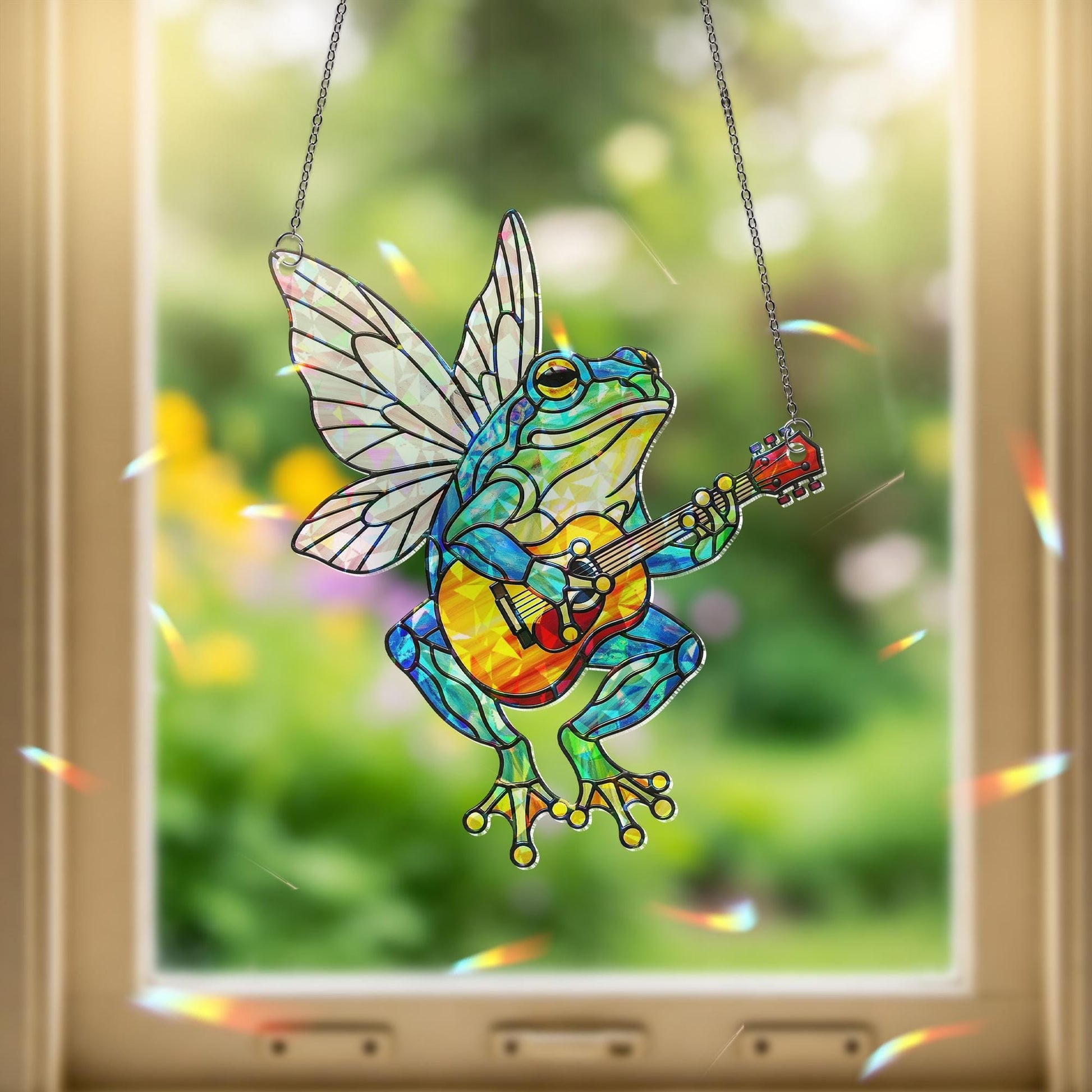 Fairy Frog Holographic Suncatcher | Whimsical Guitar-Playing Window Decor | Cottagecore Fantasy Gift | Froggy Fairycore Art