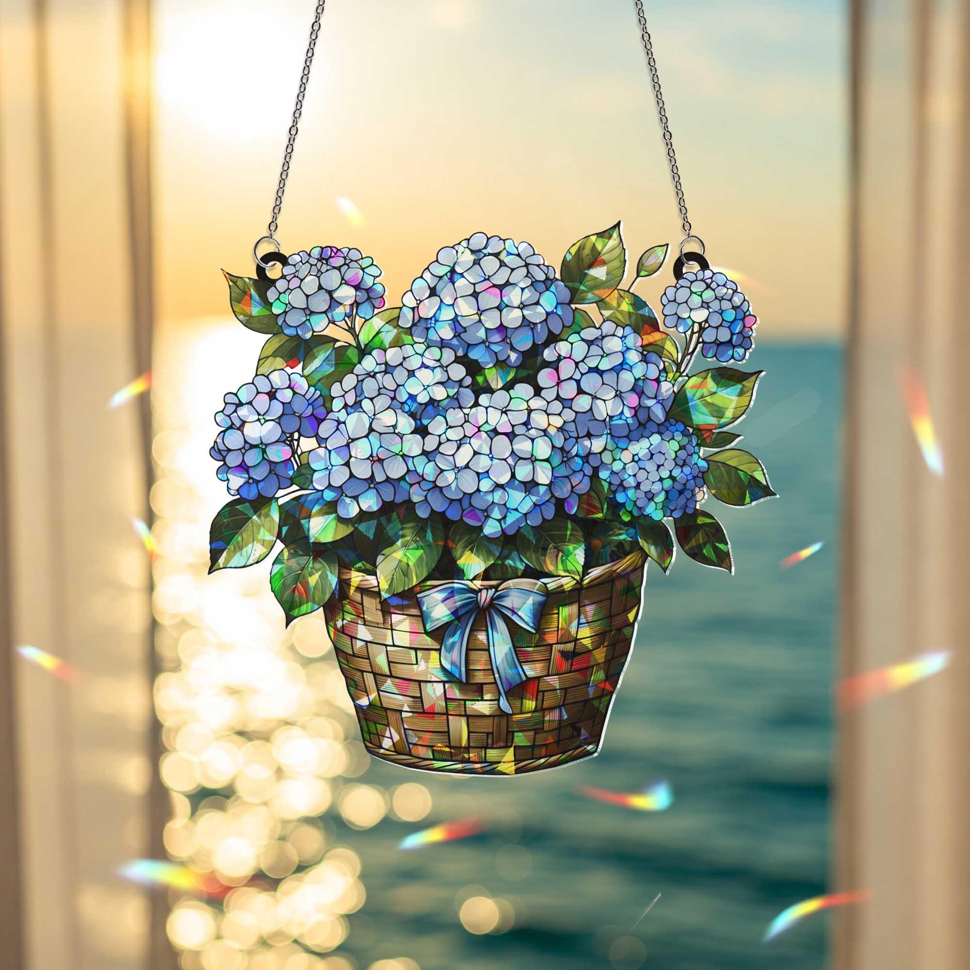 Hydrangea Basket Window Hanging – Blue Floral Style Suncatcher, Garden Lover Gift, Summer Floral Window Decoration