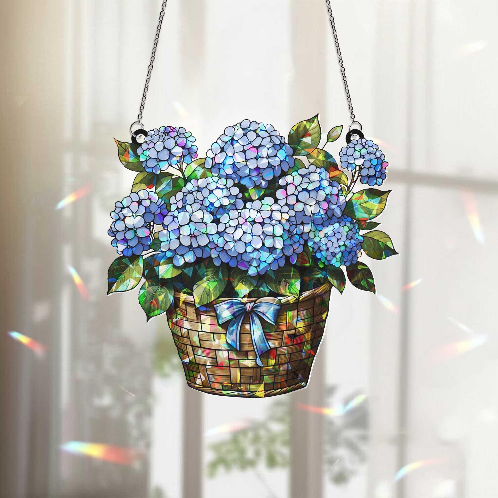Hydrangea Basket Window Hanging – Blue Floral Style Suncatcher, Garden Lover Gift, Summer Floral Window Decoration