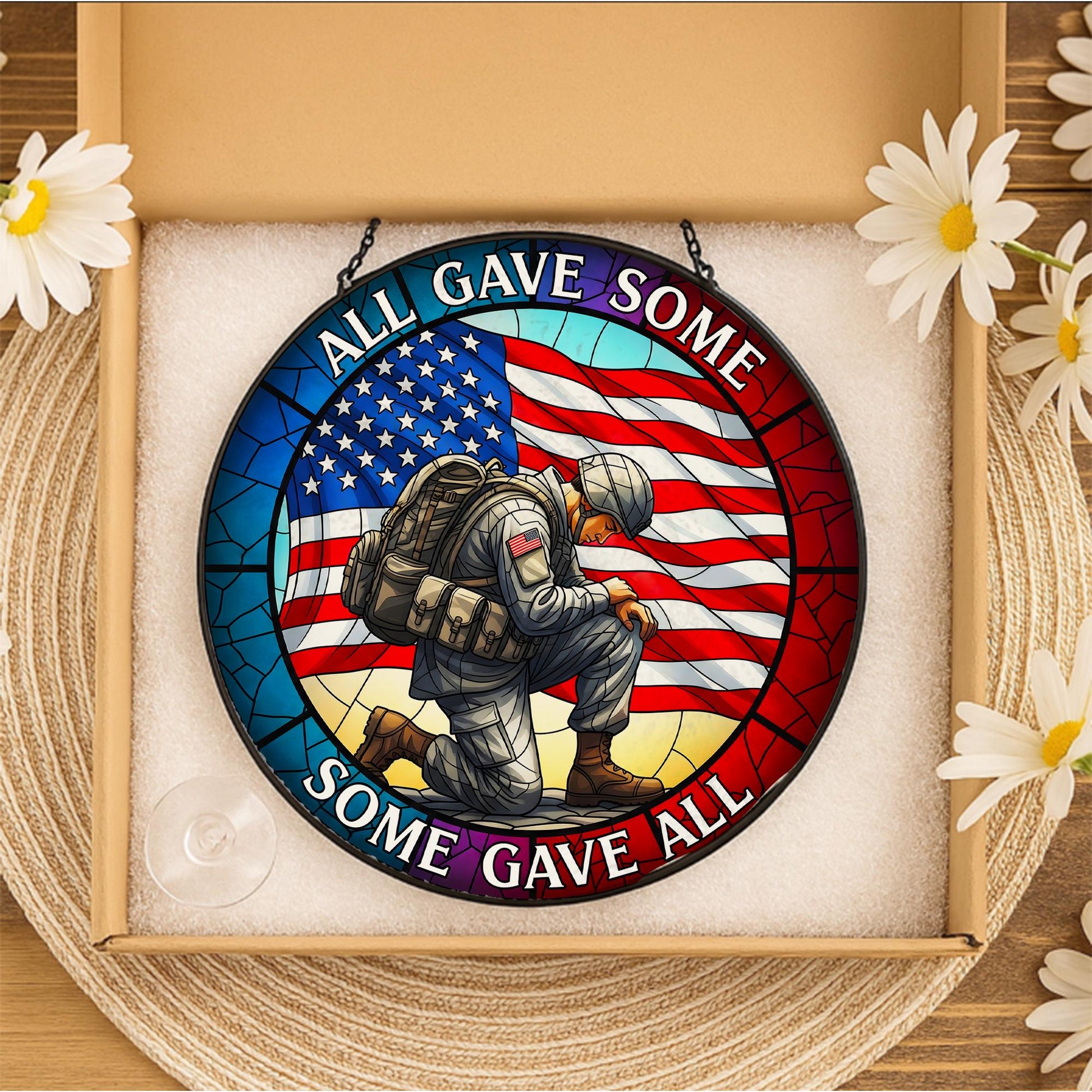 Patriotic Glass Suncatcher, Kneeling Soldier American Flag Memorial Day Decor, All Gave Some Some Gave All, Military Remembrance Gift