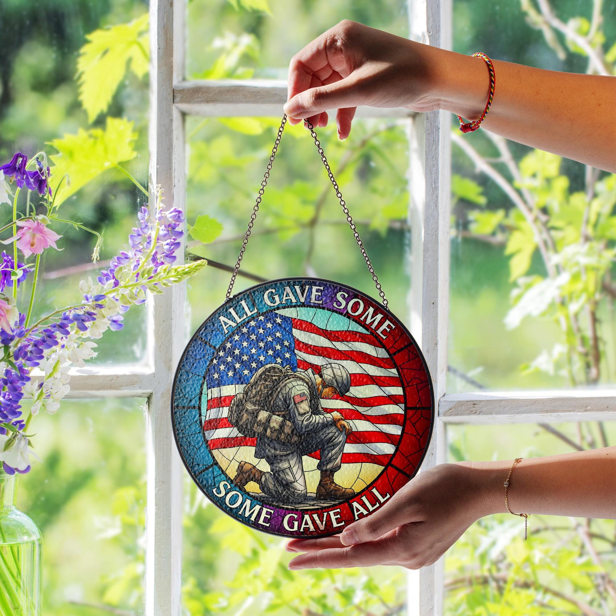 Patriotic Glass Suncatcher, Kneeling Soldier American Flag Memorial Day Decor, All Gave Some Some Gave All, Military Remembrance Gift