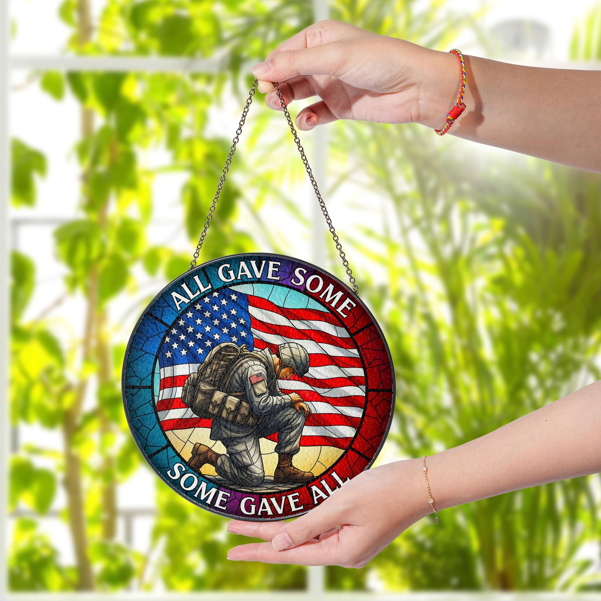 Patriotic Glass Suncatcher, Kneeling Soldier American Flag Memorial Day Decor, All Gave Some Some Gave All, Military Remembrance Gift