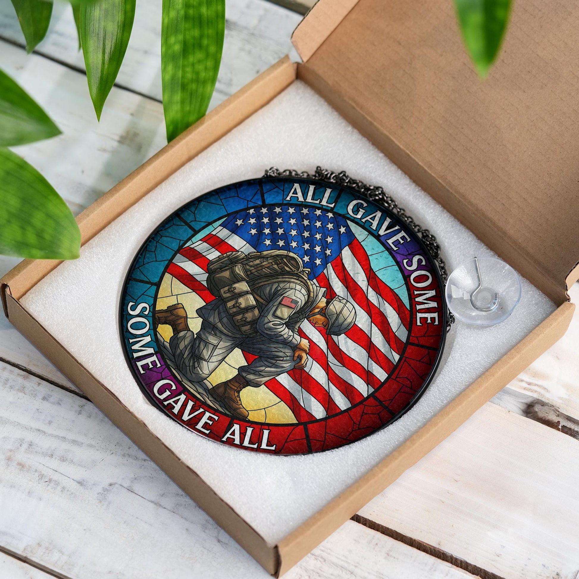 Patriotic Glass Suncatcher, Kneeling Soldier American Flag Memorial Day Decor, All Gave Some Some Gave All, Military Remembrance Gift