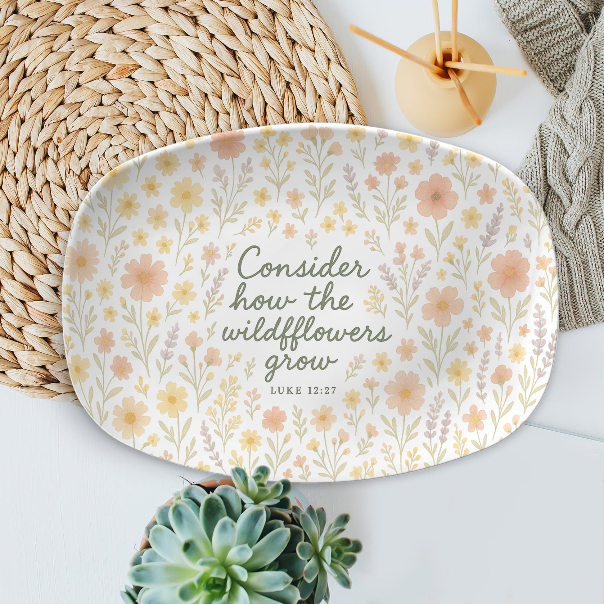 Christian Floral Platter – “Consider How the Wildflowers Grow” Luke 12:27 – Faith-Inspired Home Decor or Scripture Gift