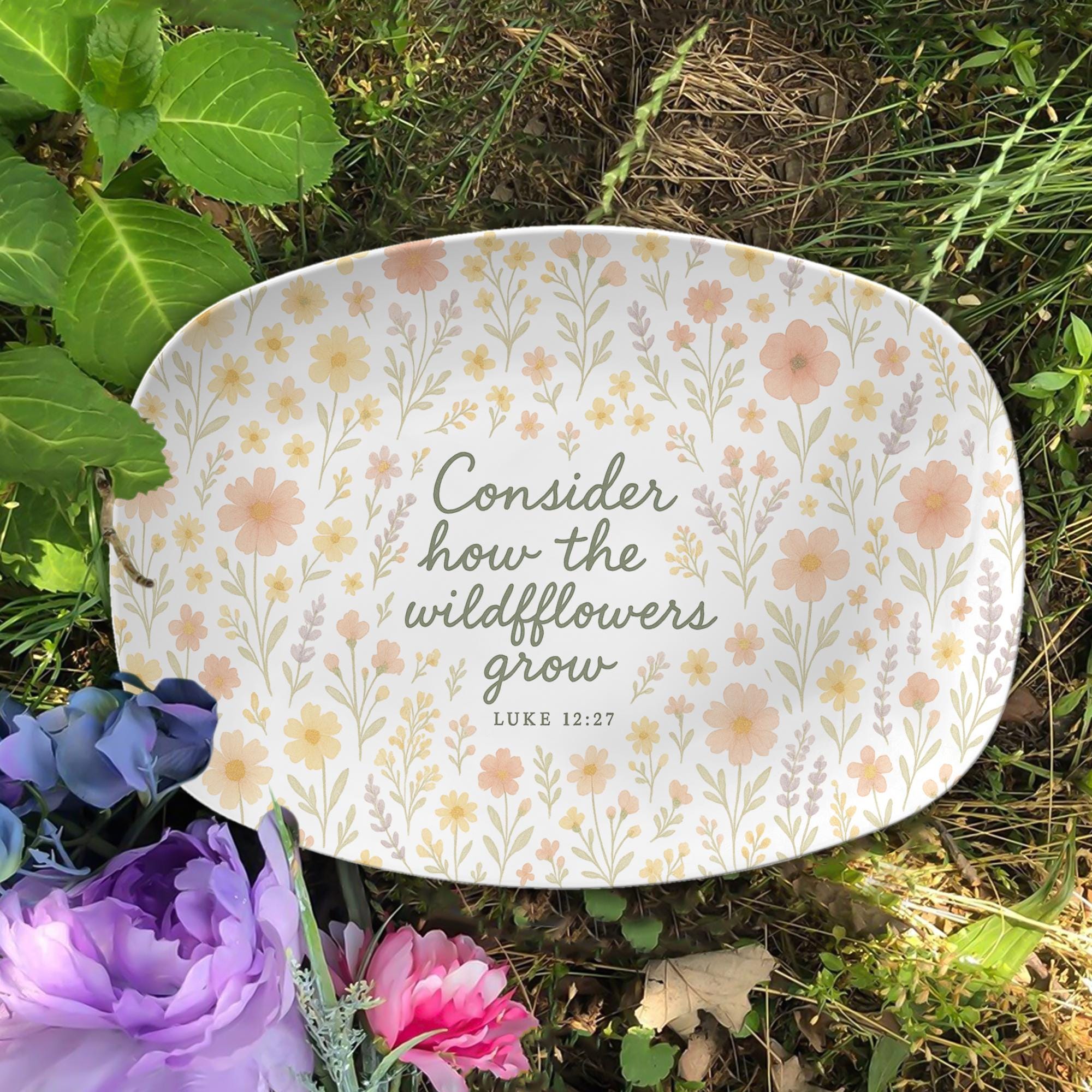 Christian Floral Platter – “Consider How the Wildflowers Grow” Luke 12:27 – Faith-Inspired Home Decor or Scripture Gift