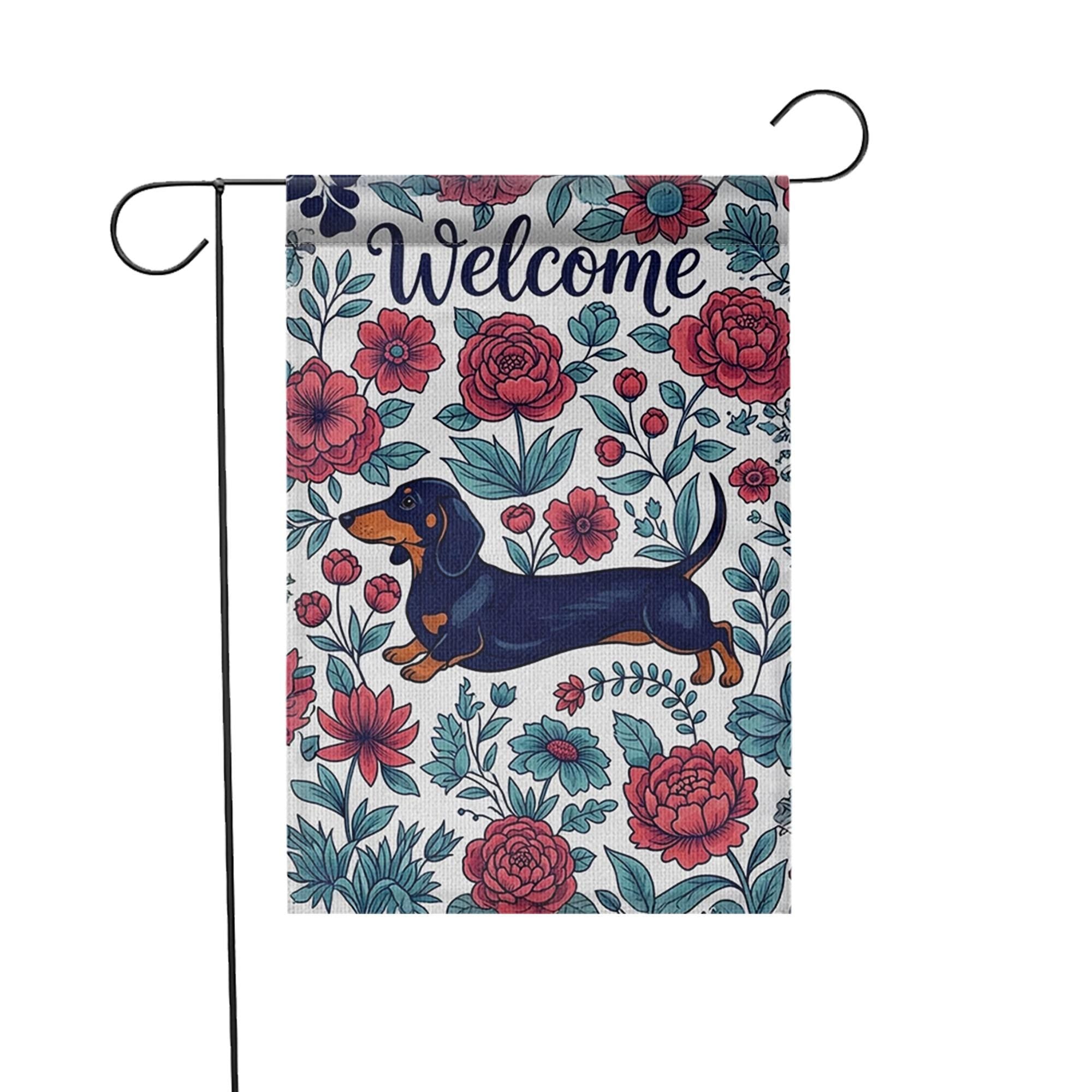 Dachshund Welcome Garden Flag, Floral Dog Yard Flag, Spring Outdoor Decor, Sausage Dog Flag, Cute Pet Garden Banner