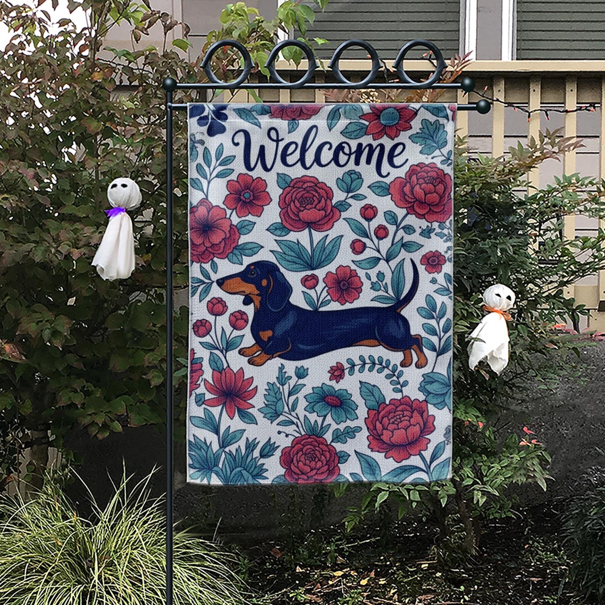 Dachshund Welcome Garden Flag, Floral Dog Yard Flag, Spring Outdoor Decor, Sausage Dog Flag, Cute Pet Garden Banner