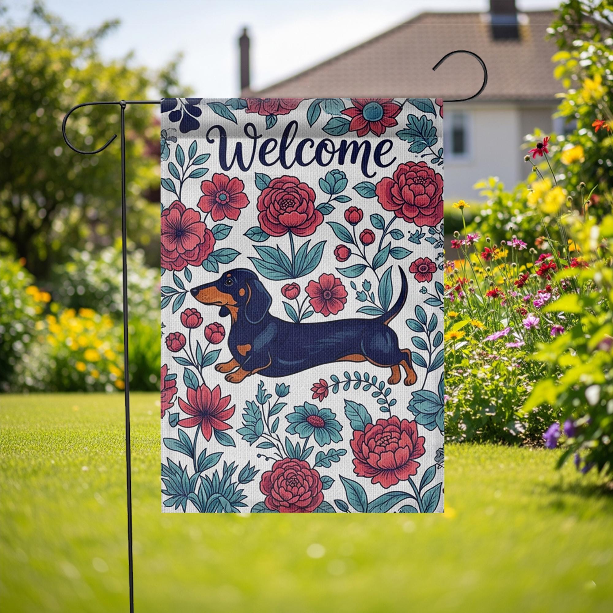 Dachshund Welcome Garden Flag, Floral Dog Yard Flag, Spring Outdoor Decor, Sausage Dog Flag, Cute Pet Garden Banner
