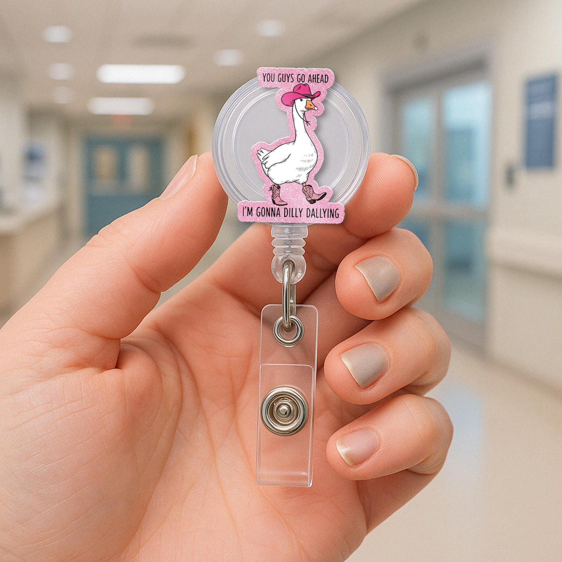 Funny Silly Goose Faux Glitter Badge Reel,Cowgirl Goose ID Holder, Dilly Dallying Badge Clip, Cute Nurse Gift, Animal Retractable Badge Reel