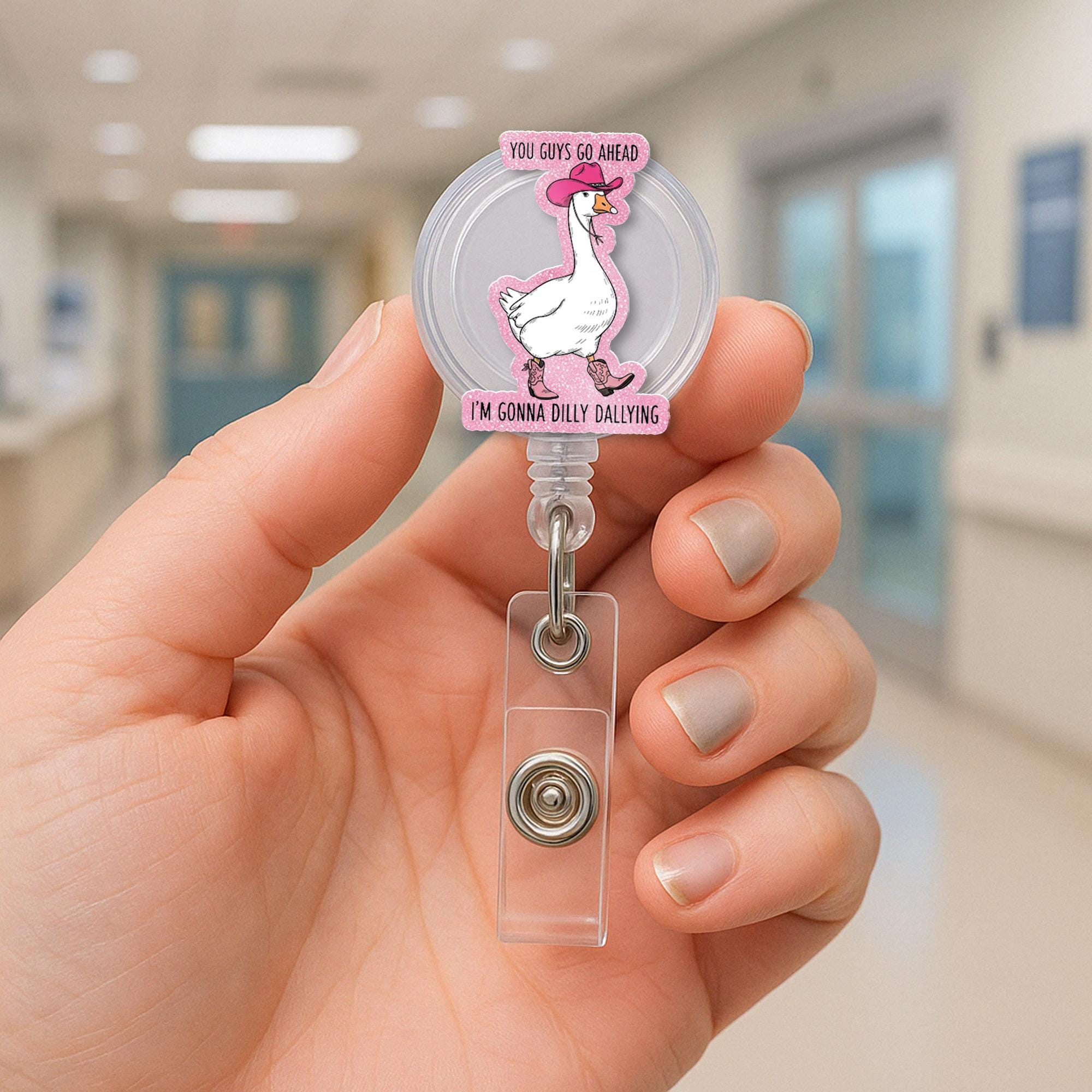 Funny Silly Goose Faux Glitter Badge Reel,Cowgirl Goose ID Holder, Dilly Dallying Badge Clip, Cute Nurse Gift, Animal Retractable Badge Reel