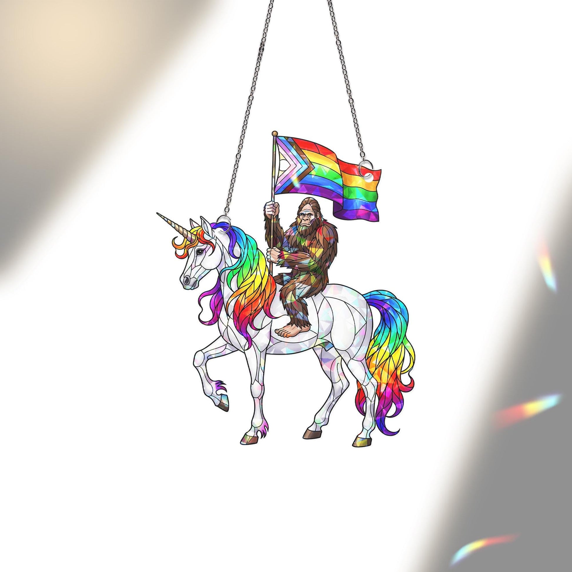 Acrylic Suncatcher – Holographic Bigfoot on Rainbow Unicorn with Pride Flag – Funny LGBTQ+ Window Decor or Gift for Gay friend