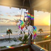 Acrylic Suncatcher – Holographic Bigfoot on Rainbow Unicorn with Pride Flag – Funny LGBTQ+ Window Decor or Gift for Gay friend