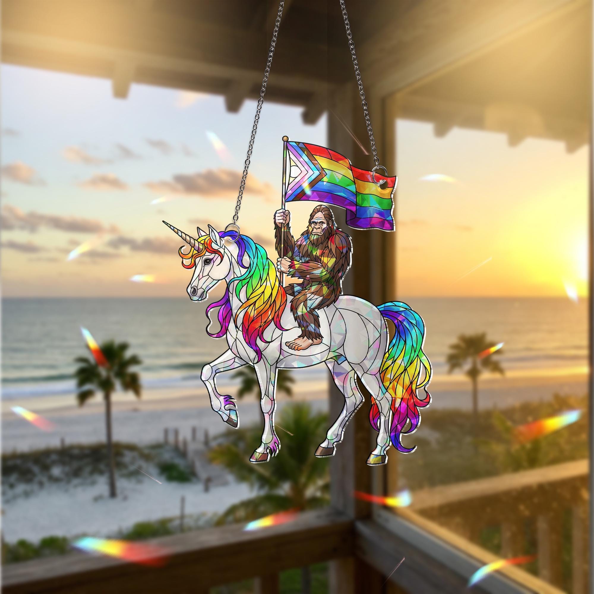 Acrylic Suncatcher – Holographic Bigfoot on Rainbow Unicorn with Pride Flag – Funny LGBTQ+ Window Decor or Gift for Gay friend