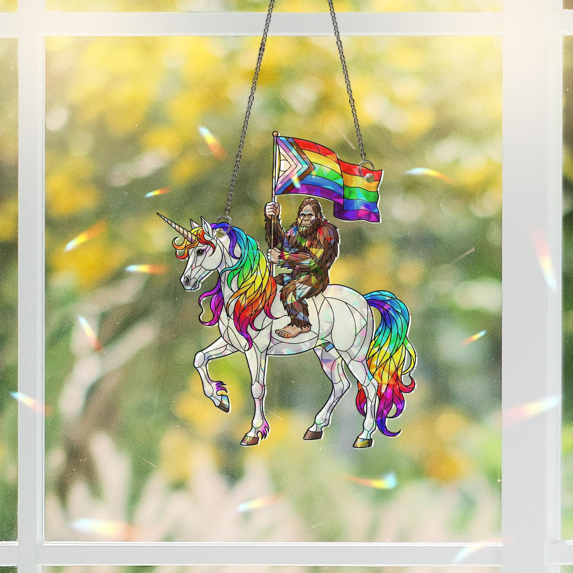 Acrylic Suncatcher – Holographic Bigfoot on Rainbow Unicorn with Pride Flag – Funny LGBTQ+ Window Decor or Gift for Gay friend
