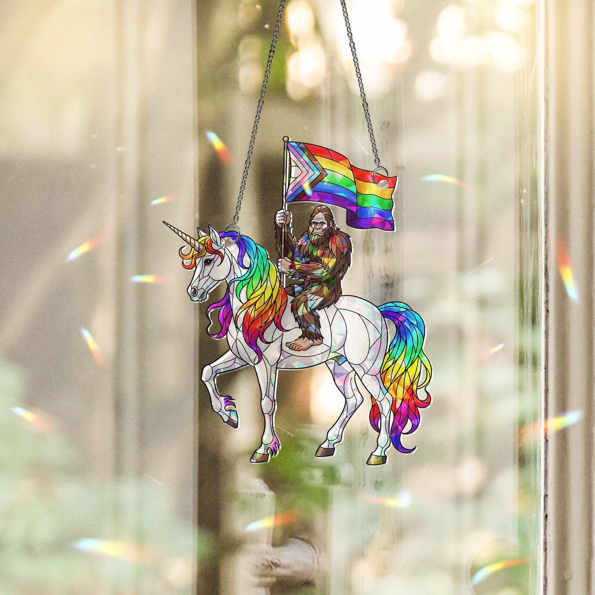 Acrylic Suncatcher – Holographic Bigfoot on Rainbow Unicorn with Pride Flag – Funny LGBTQ+ Window Decor or Gift for Gay friend