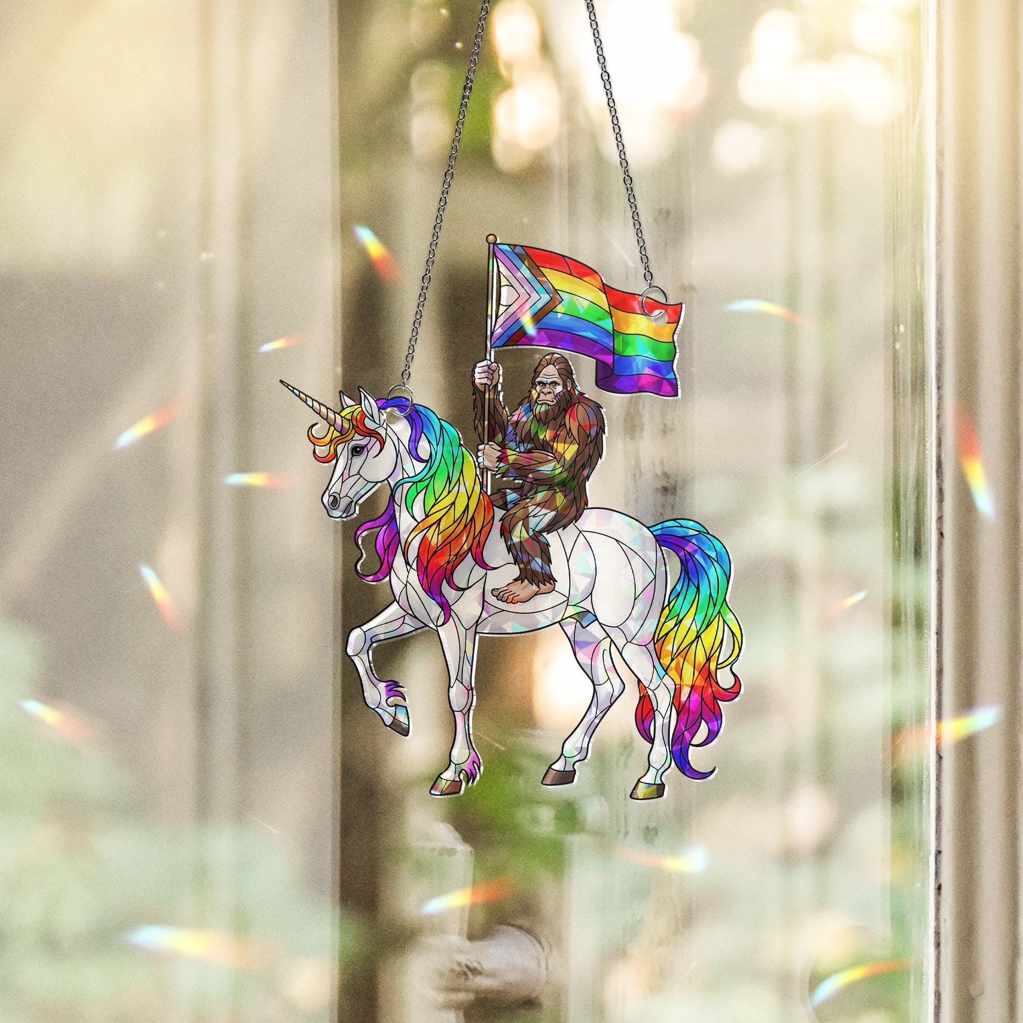 Acrylic Suncatcher – Holographic Bigfoot on Rainbow Unicorn with Pride Flag – Funny LGBTQ+ Window Decor or Gift for Gay friend