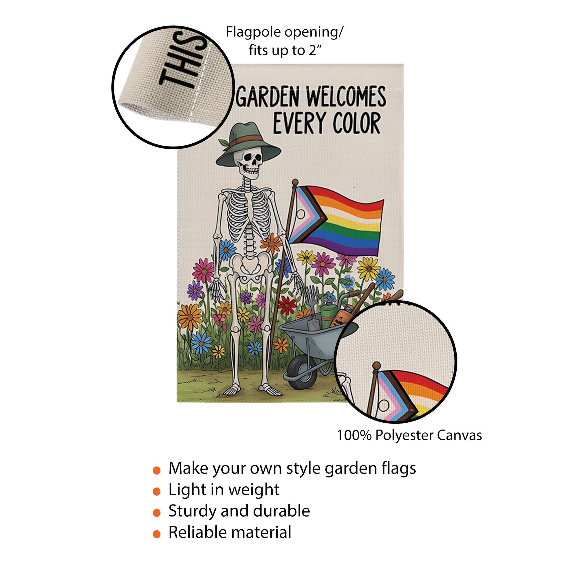 LGBTQ Skeleton Garden Flag, Pride Garden Decor, Inclusive Outdoor Flag, Funny Halloween Yard Flag, Rainbow Flower Garden Banner