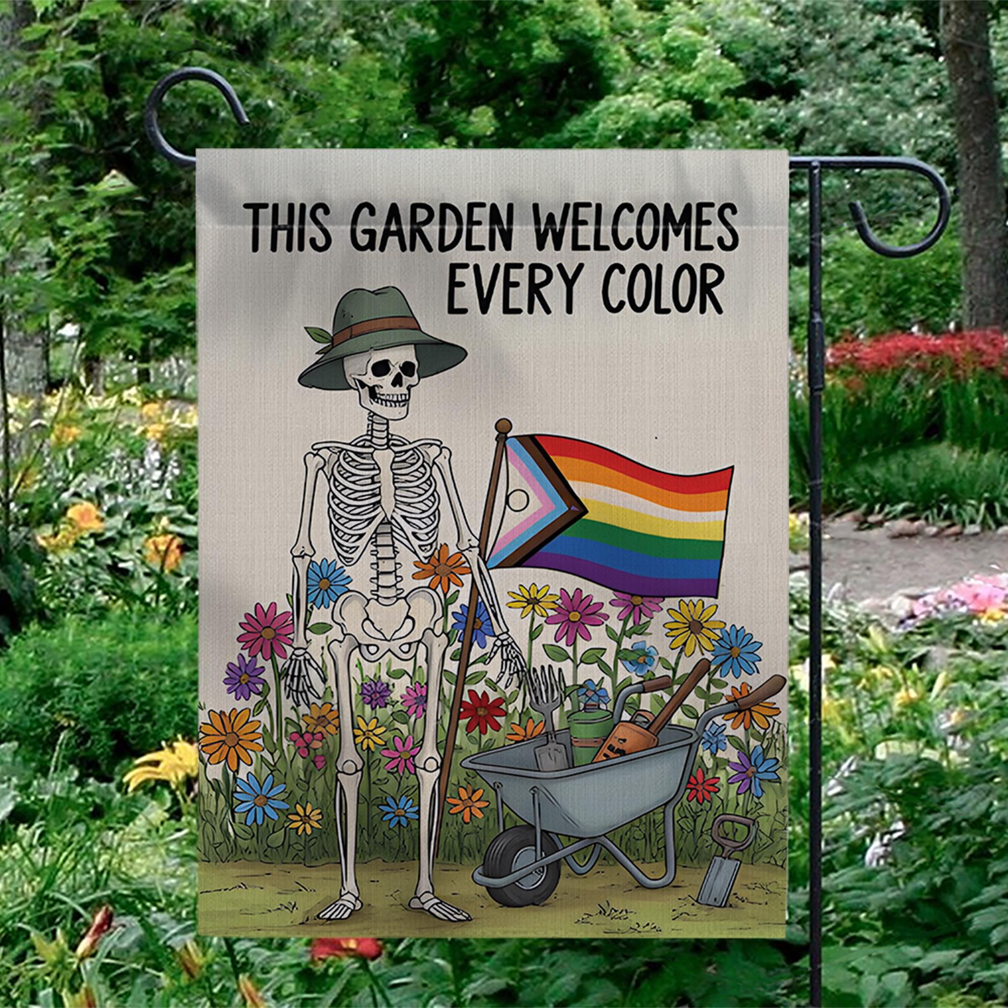LGBTQ Skeleton Garden Flag, Pride Garden Decor, Inclusive Outdoor Flag, Funny Halloween Yard Flag, Rainbow Flower Garden Banner