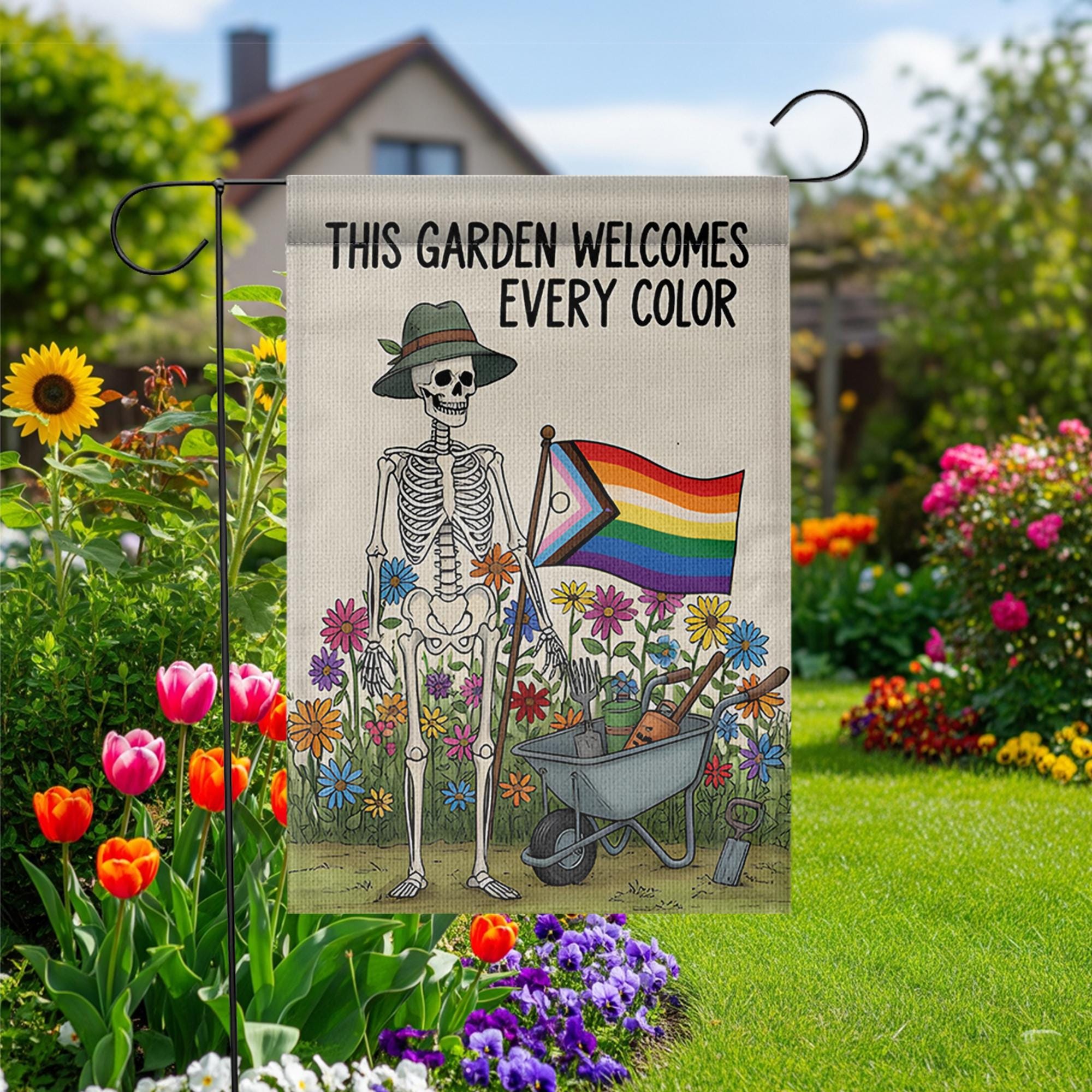 LGBTQ Skeleton Garden Flag, Pride Garden Decor, Inclusive Outdoor Flag, Funny Halloween Yard Flag, Rainbow Flower Garden Banner