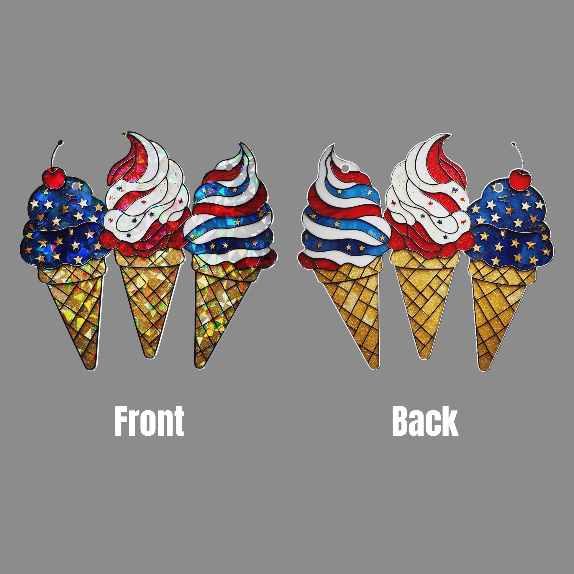 Patriotic Ice Cream Window Hanging – Holographic Acrylic Sun Catcher – 4th of July USA Suncatcher Decor for Kitchen or Porch