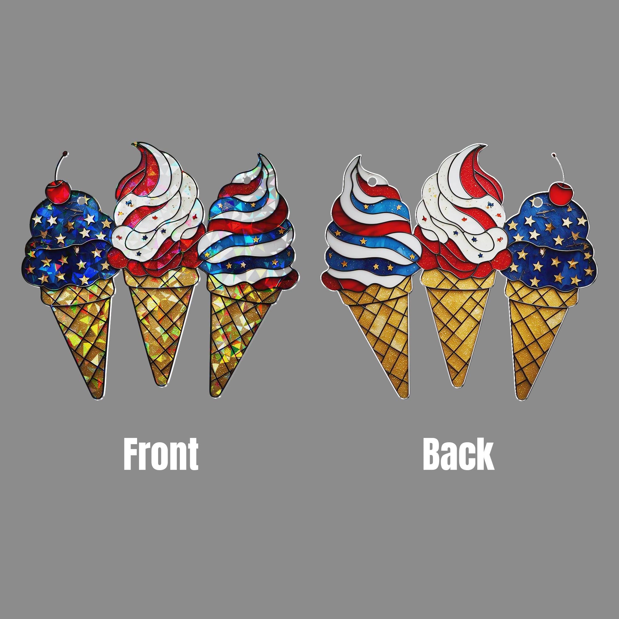 Patriotic Ice Cream Window Hanging – Holographic Acrylic Sun Catcher – 4th of July USA Suncatcher Decor for Kitchen or Porch