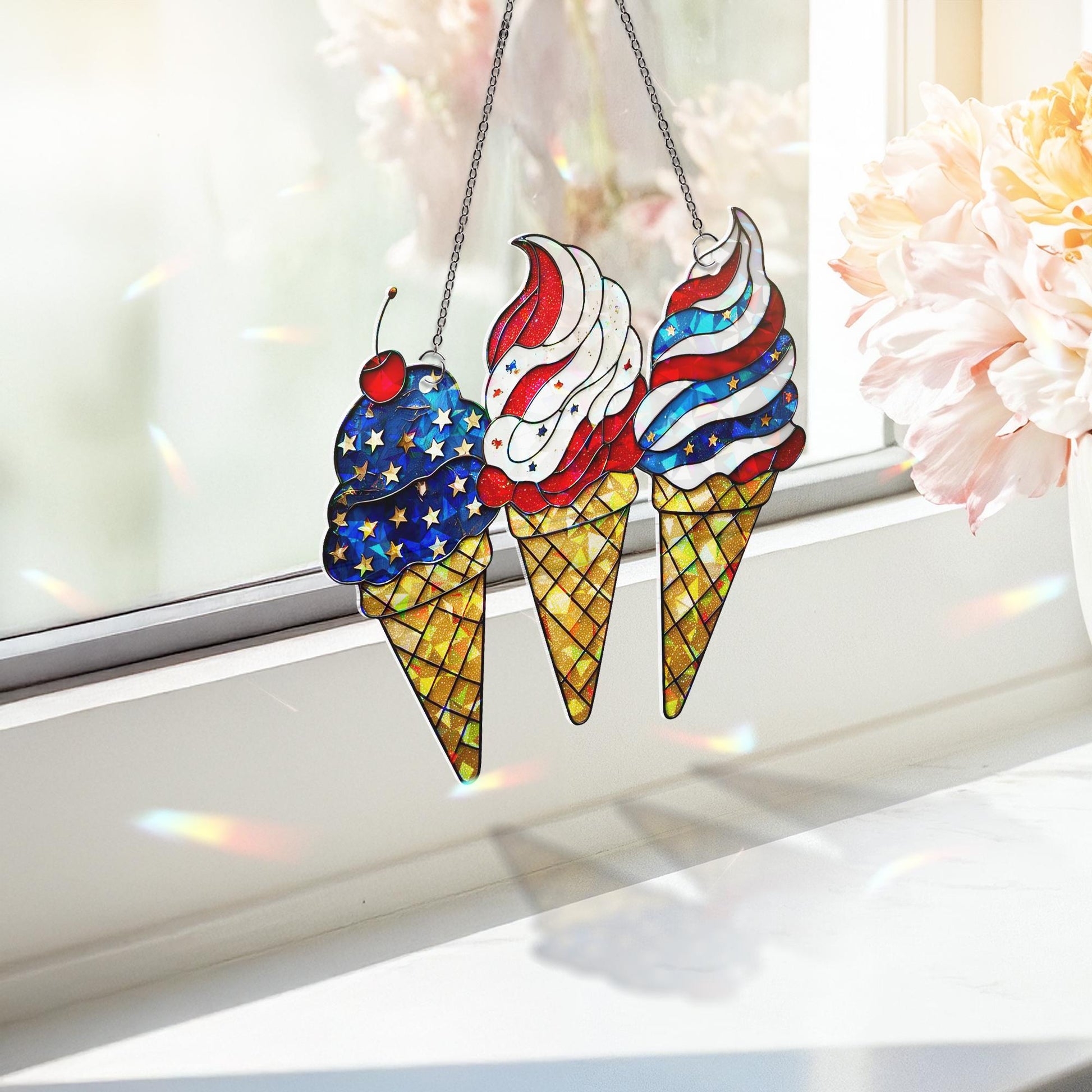 Patriotic Ice Cream Window Hanging – Holographic Acrylic Sun Catcher – 4th of July USA Suncatcher Decor for Kitchen or Porch