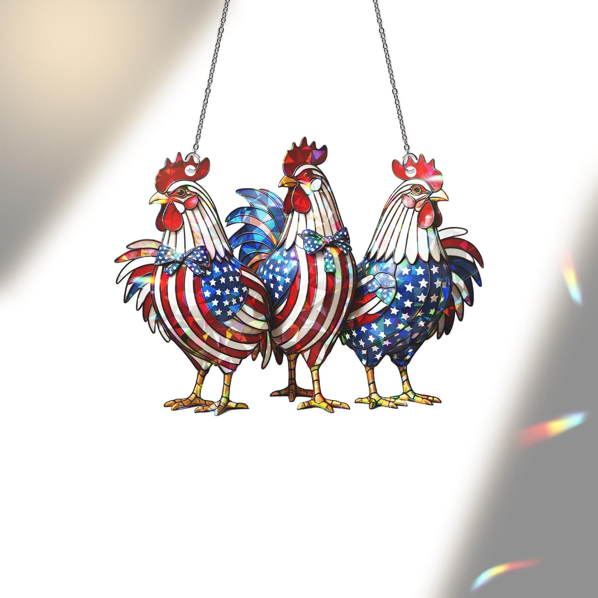 Patriotic Rooster Window Hanging – Holographic Acrylic Chicken Suncatcher – Red White Blue Farmhouse Decor for 4th of July or Kitchen