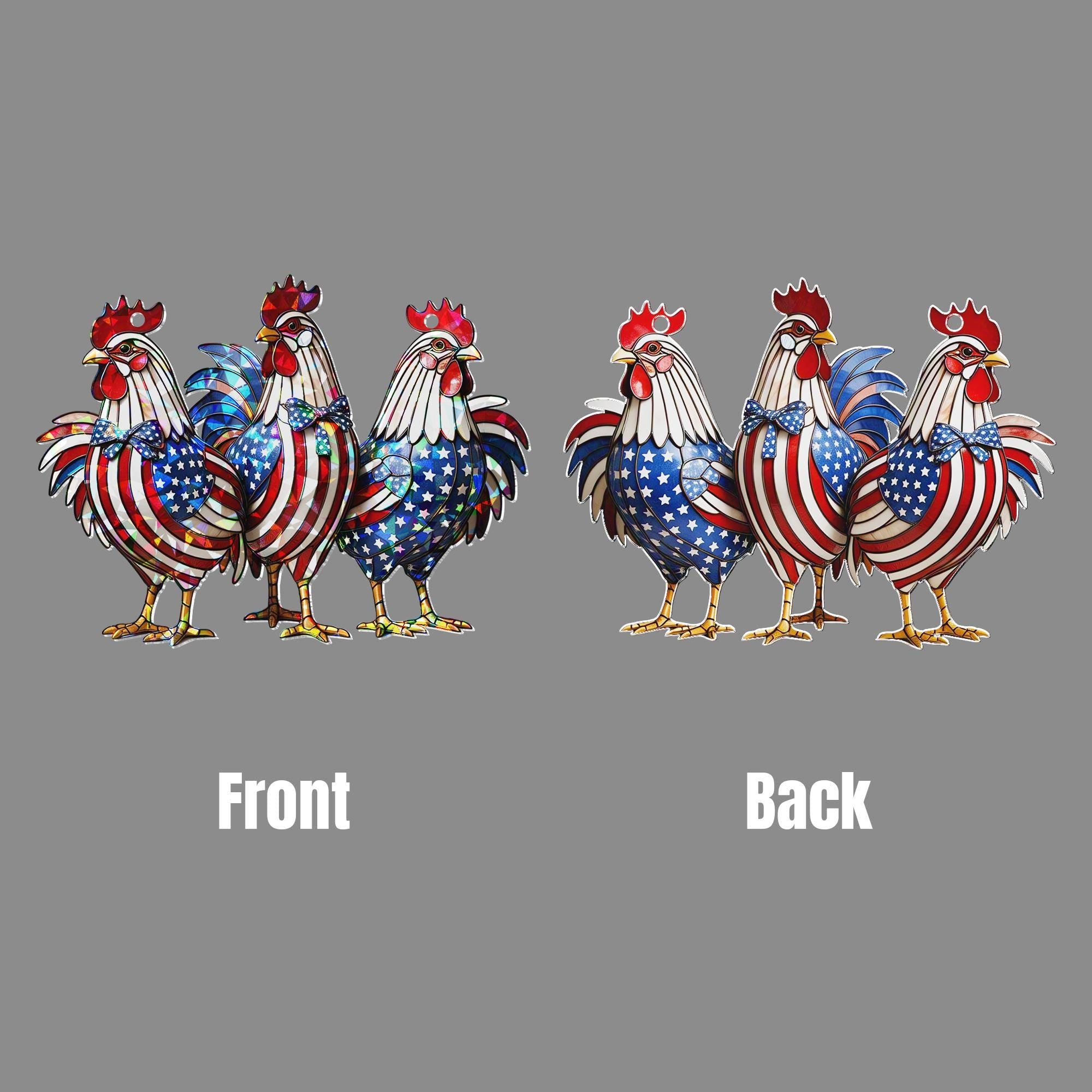Patriotic Rooster Window Hanging – Holographic Acrylic Chicken Suncatcher – Red White Blue Farmhouse Decor for 4th of July or Kitchen
