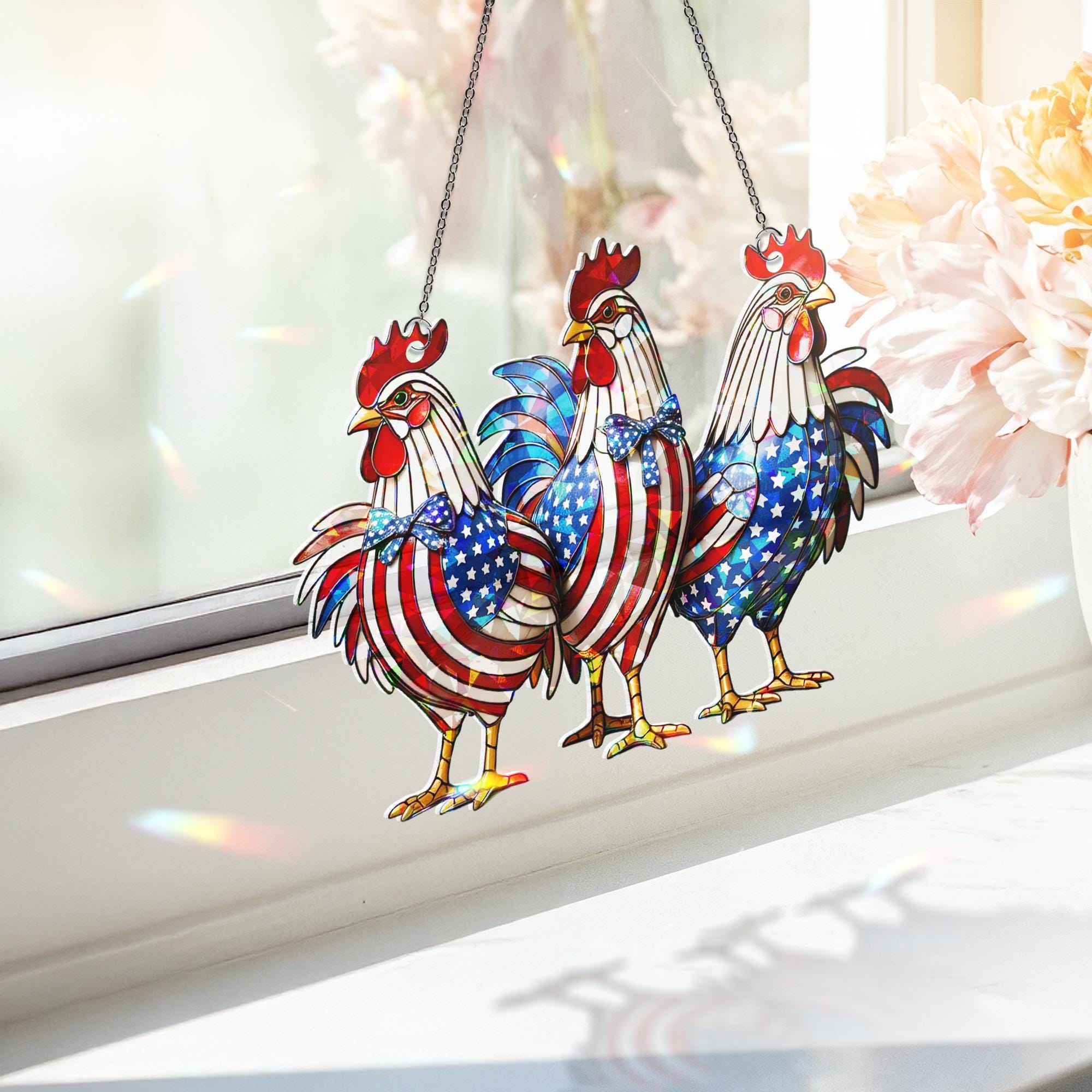 Patriotic Rooster Window Hanging – Holographic Acrylic Chicken Suncatcher – Red White Blue Farmhouse Decor for 4th of July or Kitchen
