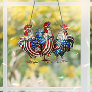 Patriotic Rooster Window Hanging – Holographic Acrylic Chicken Suncatcher – Red White Blue Farmhouse Decor for 4th of July or Kitchen